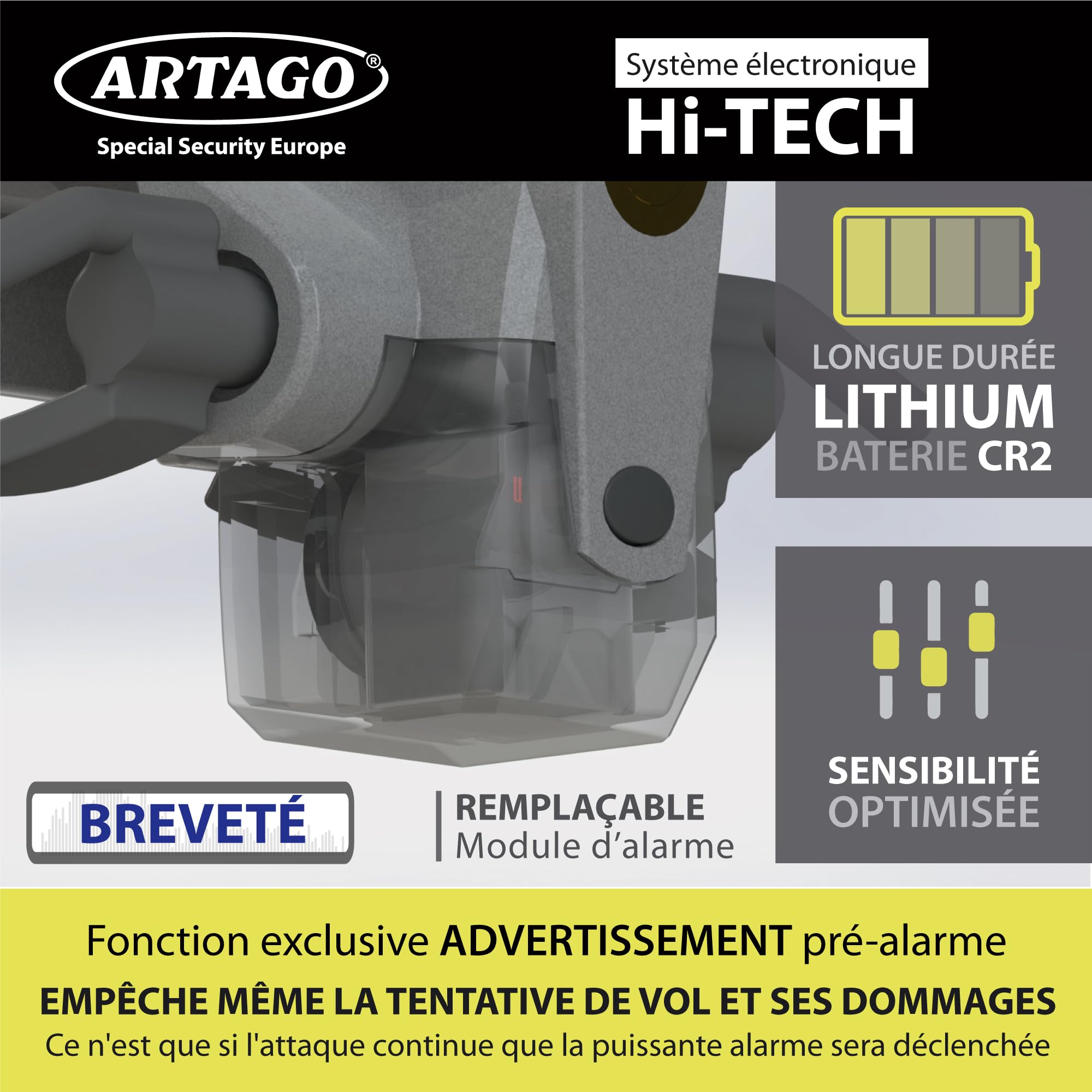 ARTAGO 870 Antivol Voiture Haut de Gamme, Canne Antivol Voiture 2en1 | Alarme Intelligente, 120dB, LED Nuit, Warning Dissuasif | Bloque Volant Plus Sûr Autour d'un Rayon, Meilleure Barre Bloc Auto SUV
