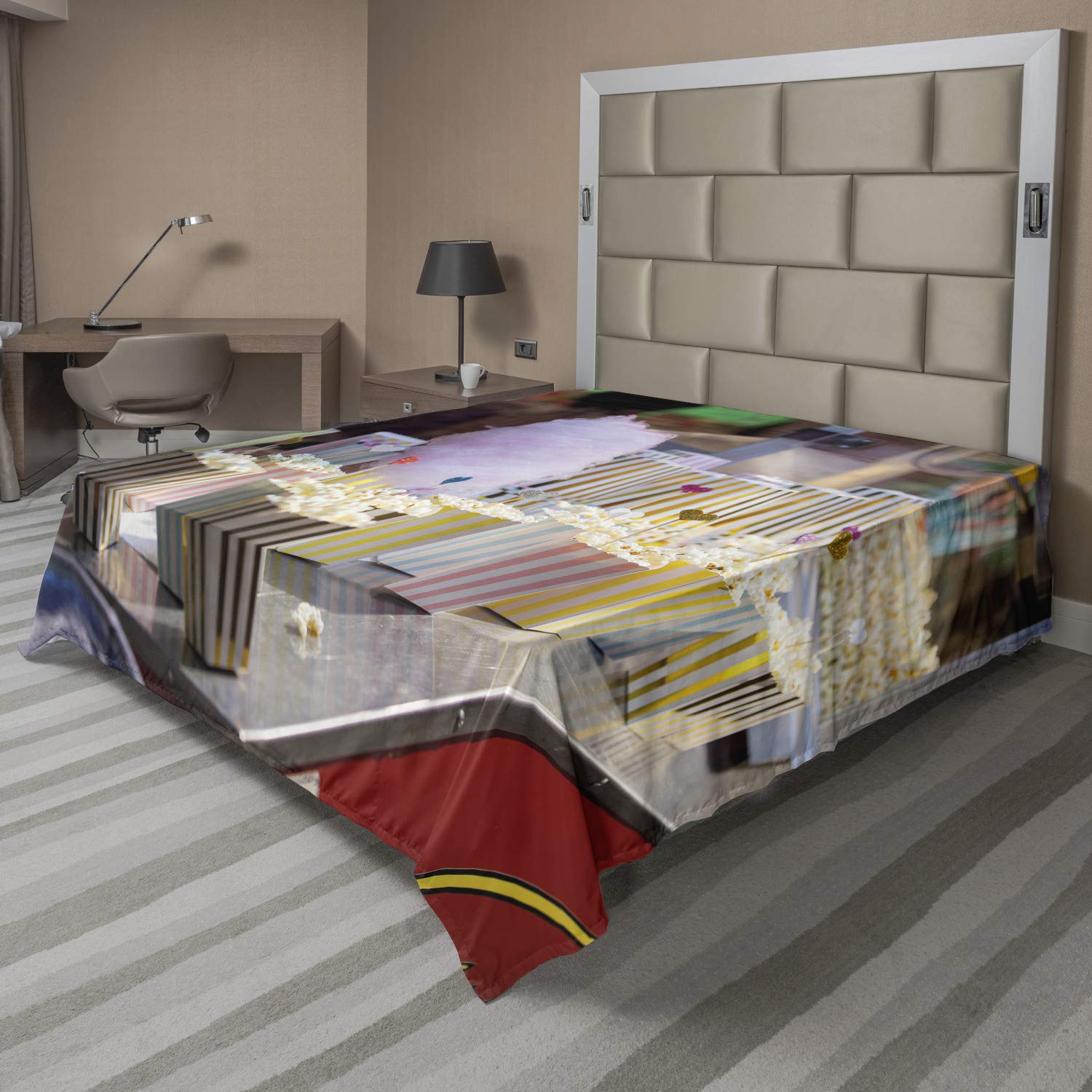 Ambesonne Colorful Flat Sheet, Vintage Style Street Vendor Popcorn and Cotton Candy Machine at Cinema Theater, Soft Comfortable Top Sheet Decorative Bedding 1 Piece, Queen Size, Multicolor