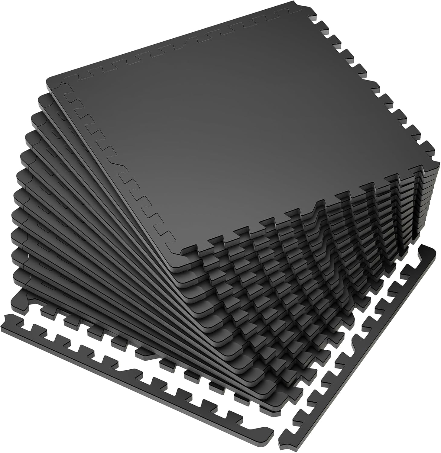 SUPERJARE 0.56'' Thick 12 Pcs 48 Sq Ft Rubber Top Exercise Equipment Mats, High Density EVA Foam Mats with Rubber Top, Interlocking Gym Flooring for Home Gym, Protective Workout Mat, Black 12 Tiles (48 Sq Ft) Black