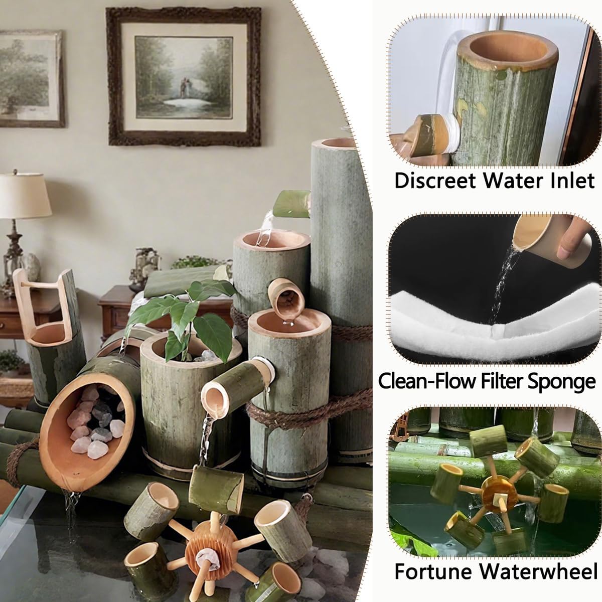 Bamboo Fountain with Pump & Solar Powered，Handmade Bamboo Water Fountain for Indoor Outdoor Backyard