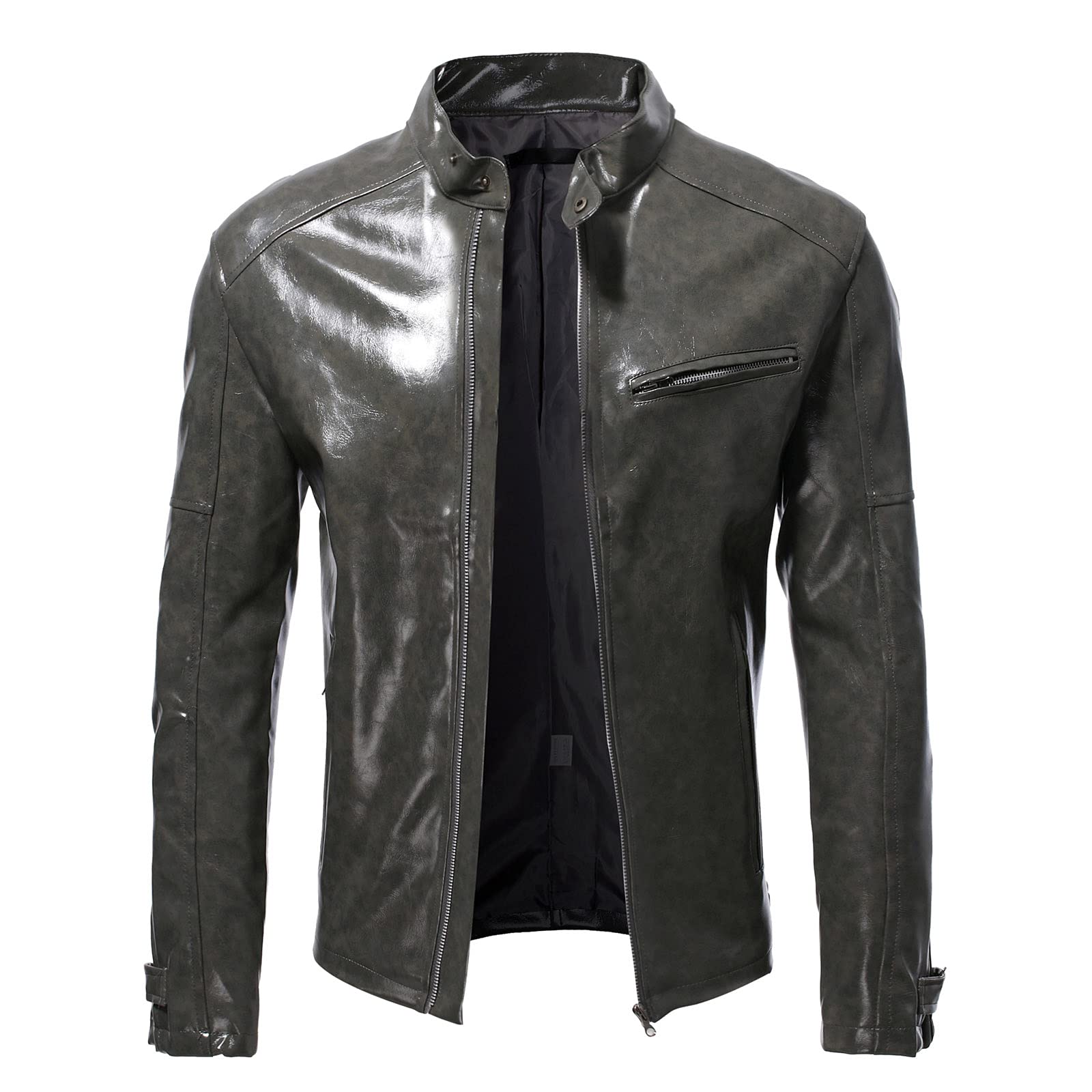 Chaqueta de cuero con cremallera para hombre, informal, color sólido, cuello alto, chaqueta de cuero, chaqueta delgada y ligera, ropa de calle