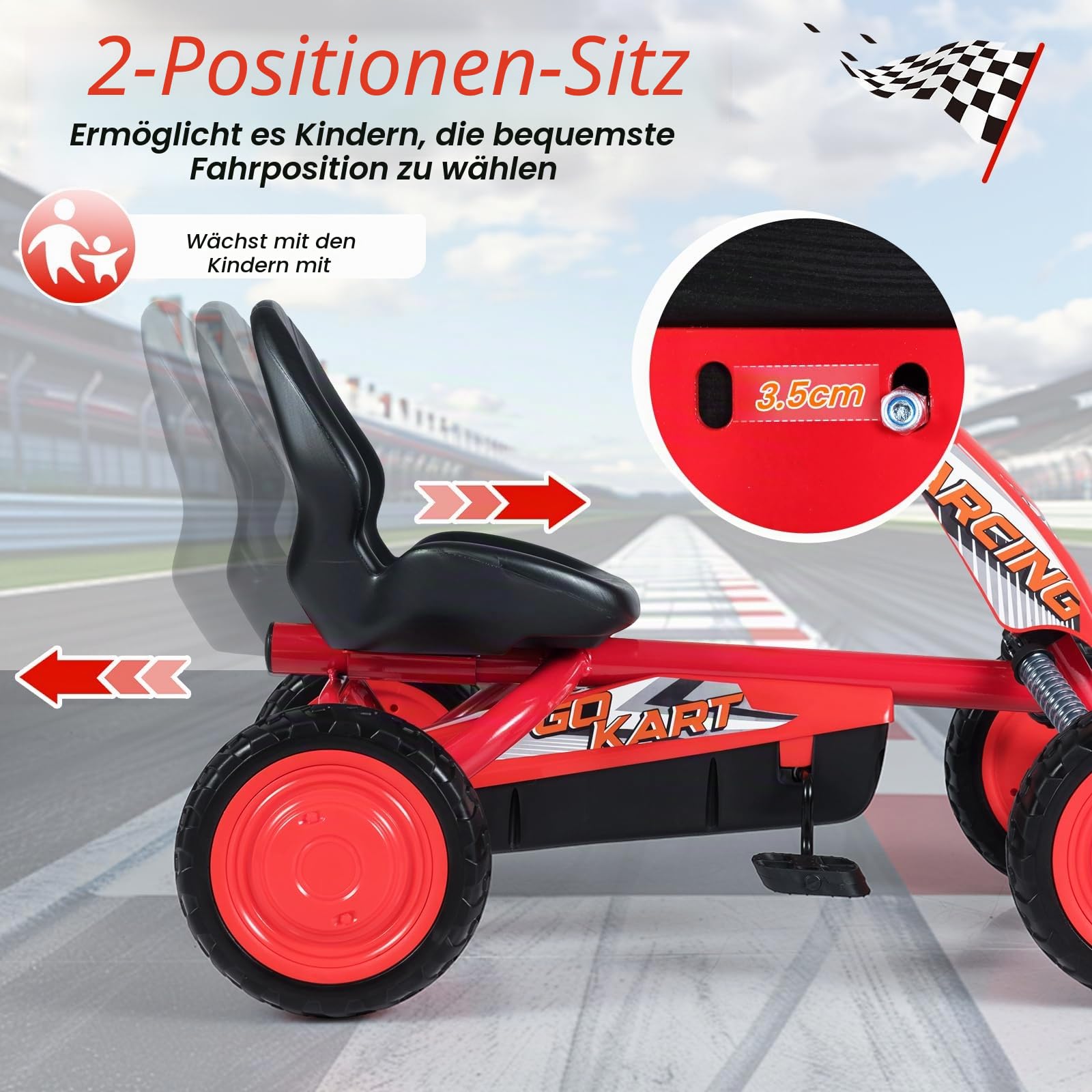 FANTASK Kinder Gokart mit Pedal, Verstellbarer Sitz, Vor- & Rückwärtsgang, Belastbar bis 30 kg, Outdoor Tretauto für Jungen & Mädchen ab 3 Jahren (Rot)