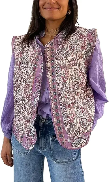 Gilet matelassé femme sans manches vintage imprimé fleurs léger ouvert à rabat