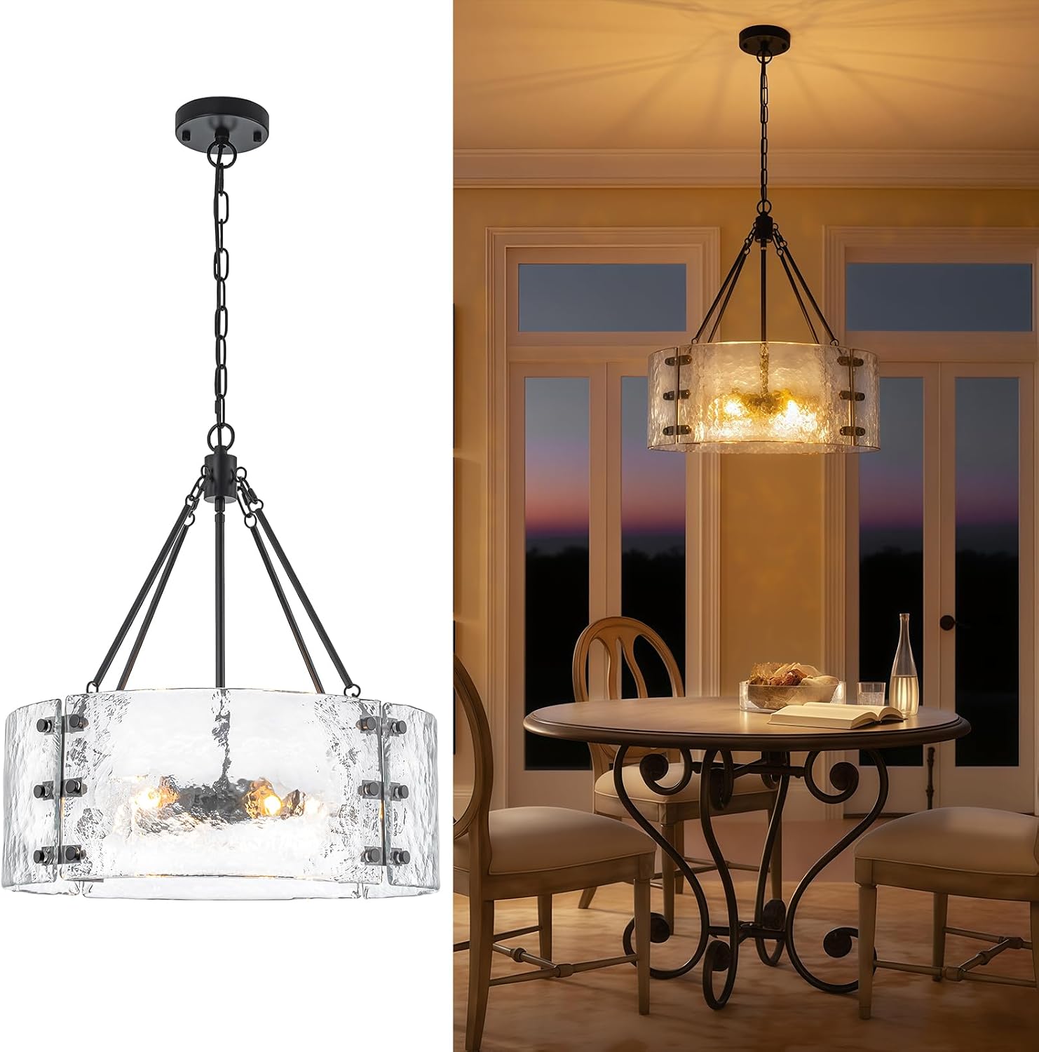 Chandeliers for Dining Room, 20'' Black Drum Glass Chandelier, 5-Light Crystal Farmhouse Dining Room Light Fixture, Modern Round Large Chandelier for Entryway Living Room Foyer