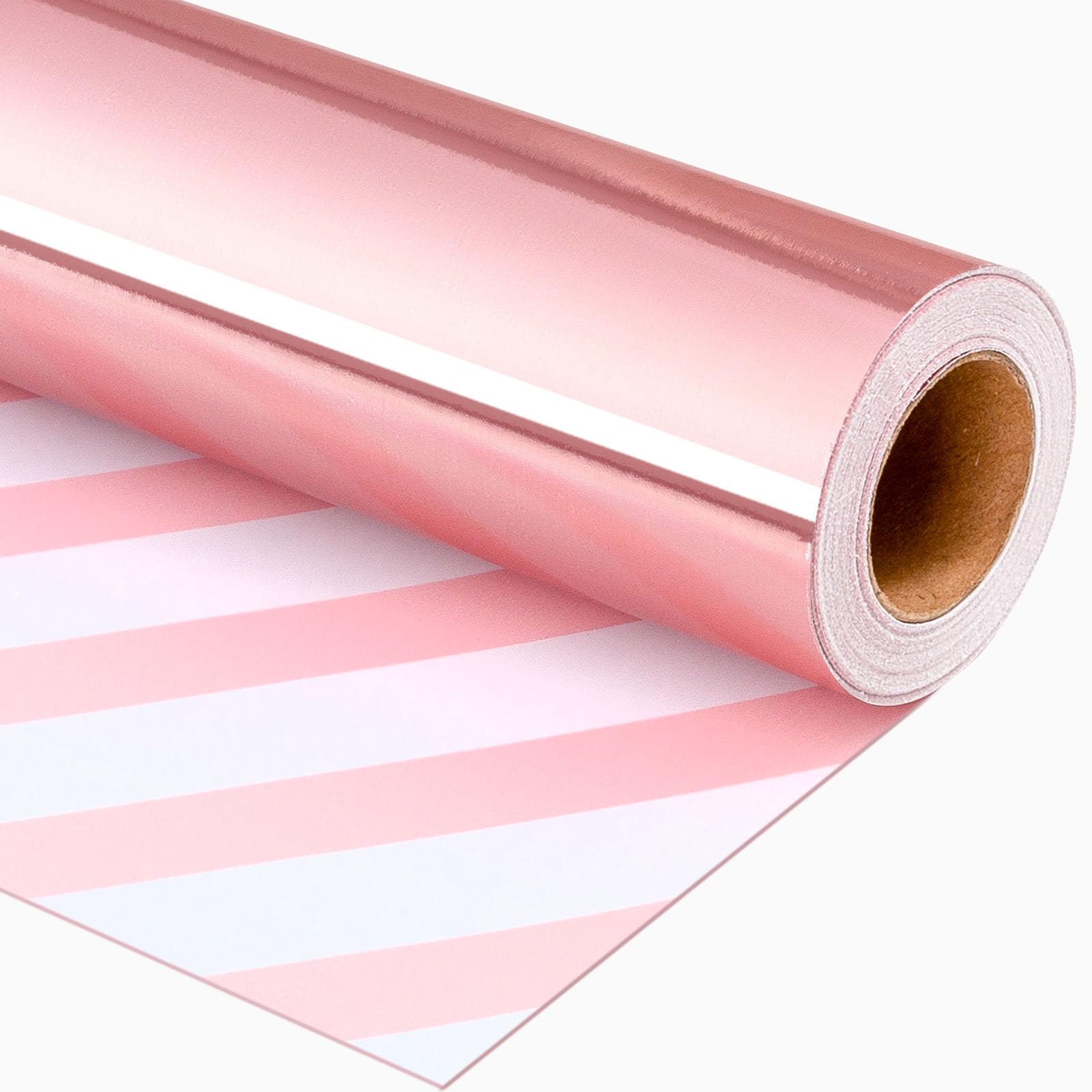 Merture Pink Wrapping Paper Roll Reversible - 17 In X 32.8 Ft(46.5 sq.ft.) Metallic Pink and Stripe Design Gift Wrap for Mothers Day, Wedding, Birthday, Christmas, Baby Shower, Valentines Day โ image 1