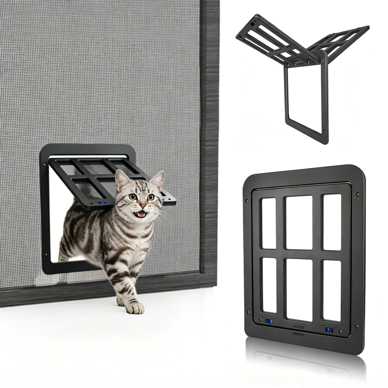 PETLESO Pet Flap for Fly Screen, Dog Flap with Magnets, Cat Flap, Fly Screen Door, Easy Installation for Cats/Dogs, Black (21 cm x 24.5 cm)