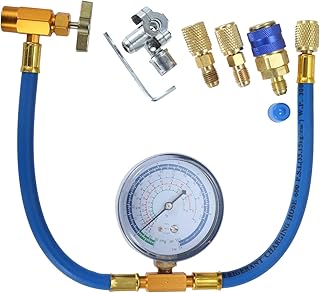 R134a Refrigerant Charging Hose Kit, Recharge Hose with Gauge 2.75“, R134a Can Tap and Quick Couple, 1/4 Male Adapter Kit and BPV31 Piercing Valve for Air Conditioning