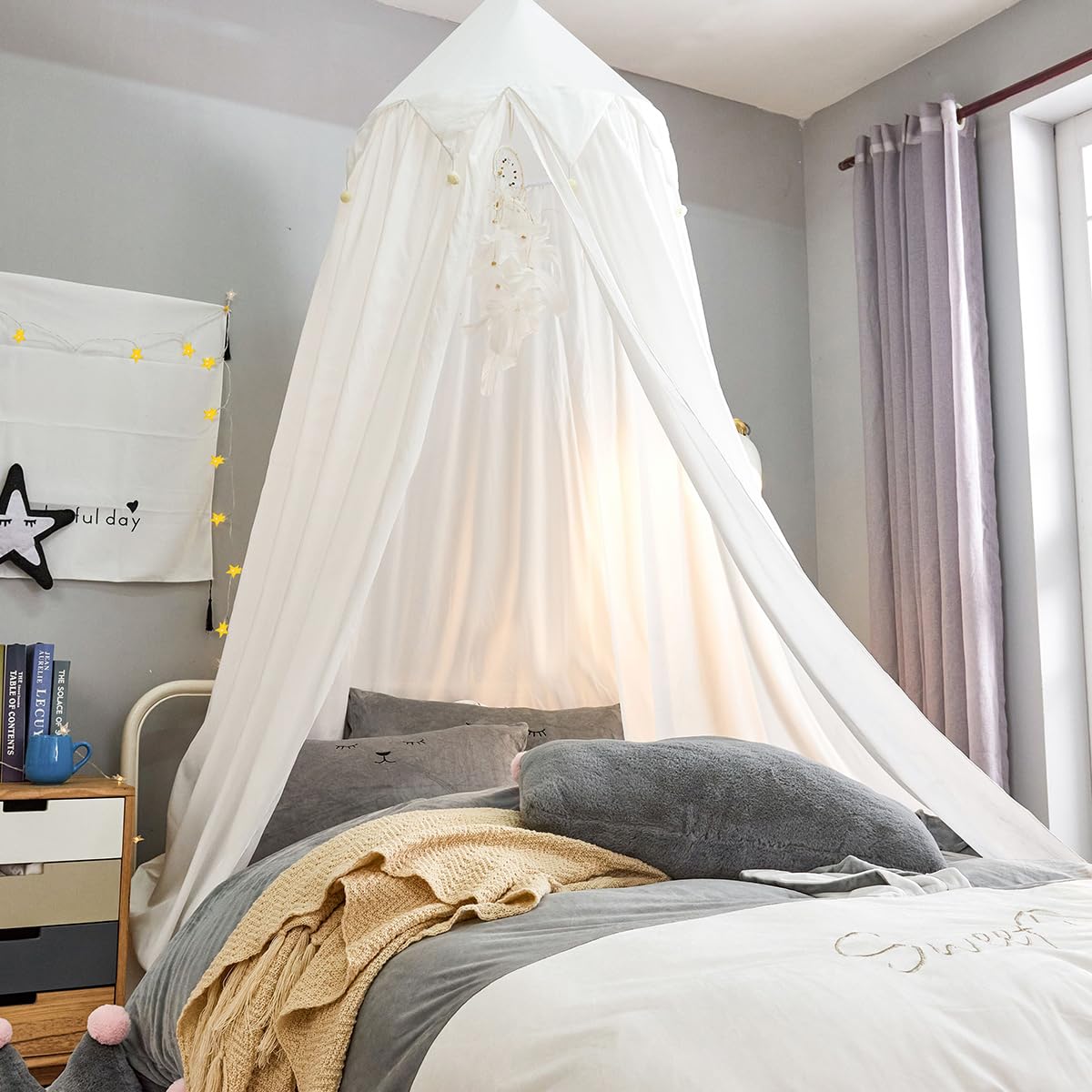 Surwin Baldachin Betthimmel Weiß Madchen Jungen Babybett, Himmelbett Moskitonetz Bett mit Kugel für Kinderbett Kinderzimmer Einzelbett Schlafzimmer Kinder Geschenk Reise