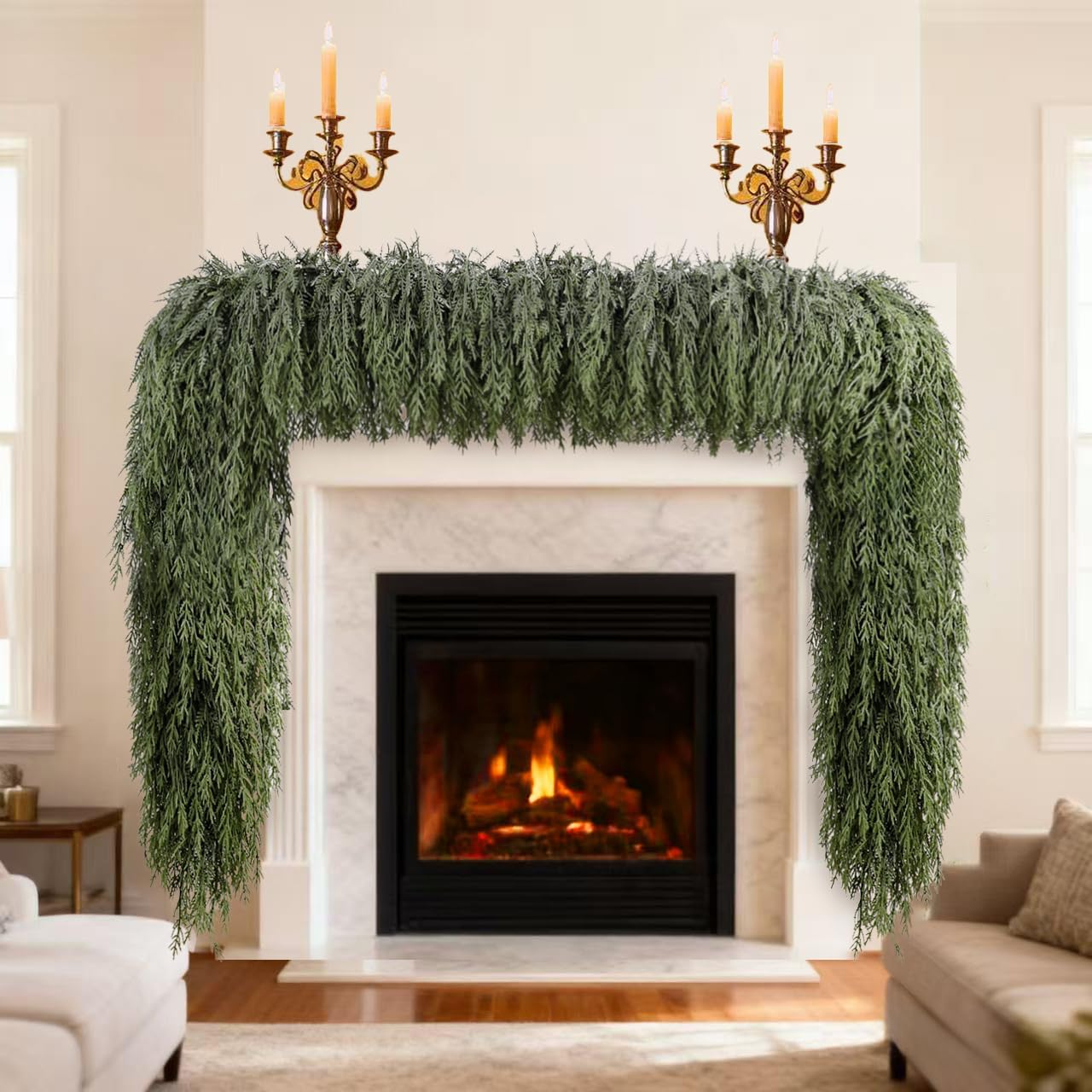 Christmas Cedar Norfolk Cypress Pine Garlands Thick Lush Real Touch Feel Evergreen Greenery Festival Artificial Fake Faux Plants Fireplace Mantle Indoor Outdoor Party Home Decorations 6 Ft