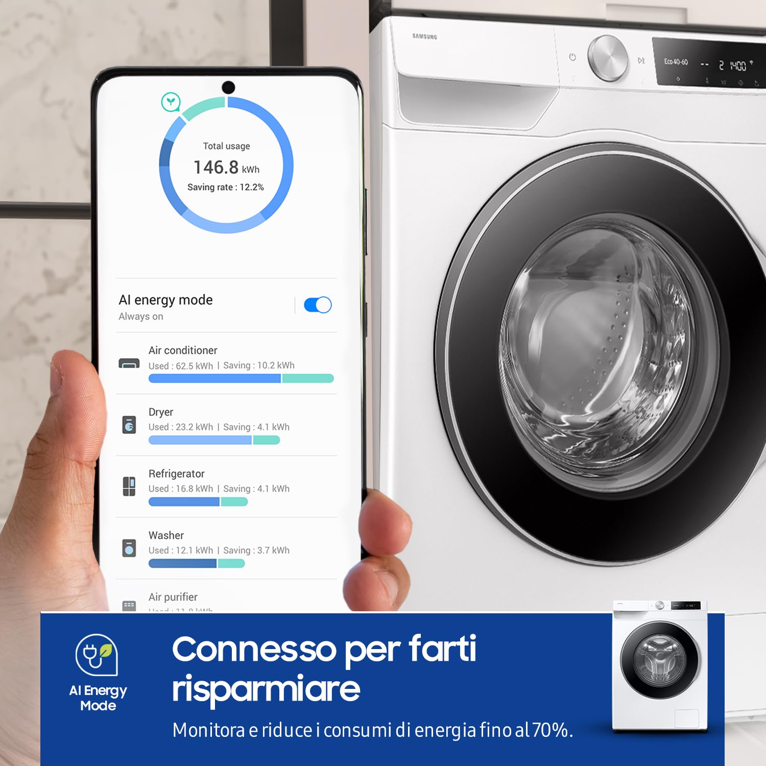 Samsung Lavatrice AI Control WW90DG6U25LE/U3 Libera installazione, 9 Kg, 1400 RPM, Wifi, Ecolavaggio Rapido 39', Vapore, Carica Frontale, 60l x 85h x 55p cm