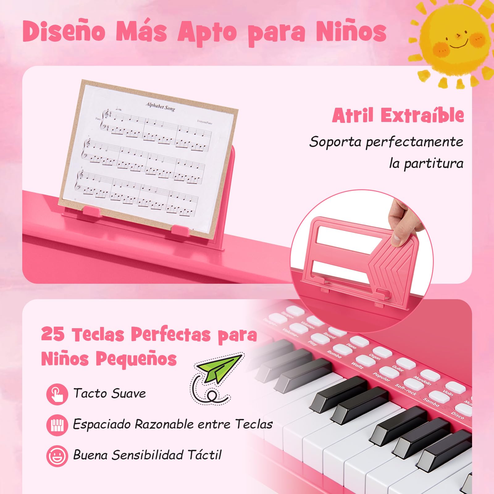 COSTWAY Piano Infantil de 25 Teclas, Organo Electronico Niños, Juguete Piano de Madera con Velocidad y Volumen Ajustables, Modo de Enseñanza, Atril, Instrumento Musical Infantil 3+ Años (Rosa)