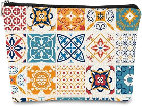 Bolsa de maquillaje retro portuguesa Talavera, diseño de flores vintage con mandala, la mejor idea de regalo para hermanas, niñas, novia, esposa,