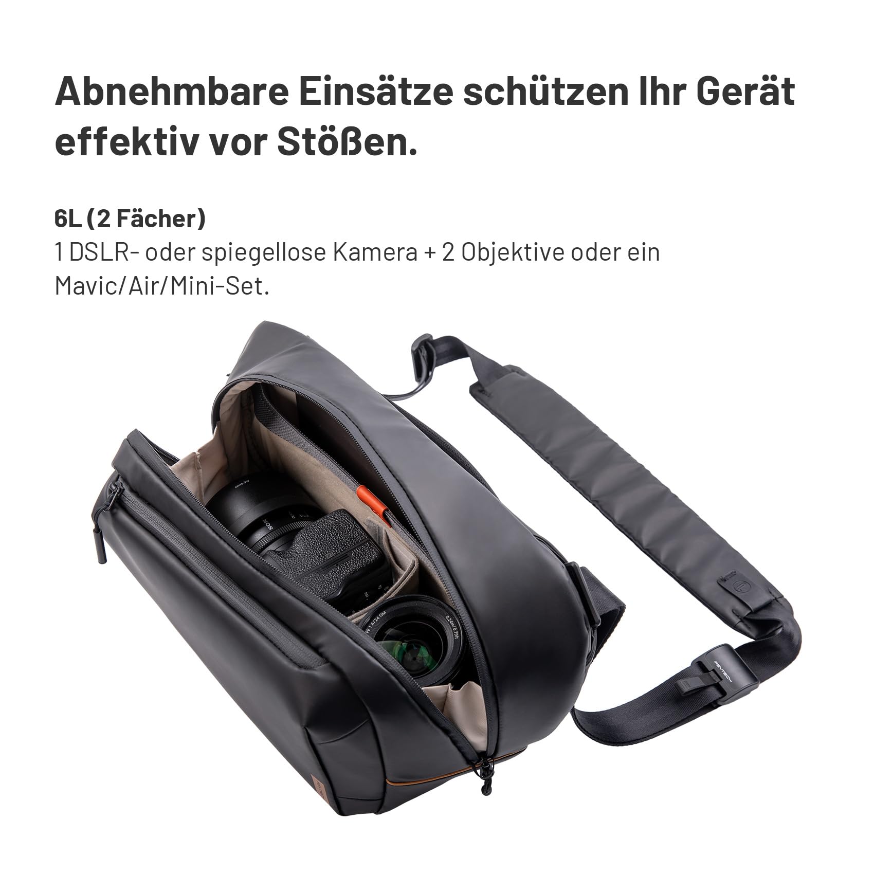 PGYTECH OneGo Solo V2 Kamera Umhängetasche Wasserdicht 6L, Fototasche für Spiegelreflexkameras Kompatibel mit Canon SLR Kamera, Sony, Nikon, DJI Avata 2, DJI Mavic 3, ipad pro 11'', Schwarz