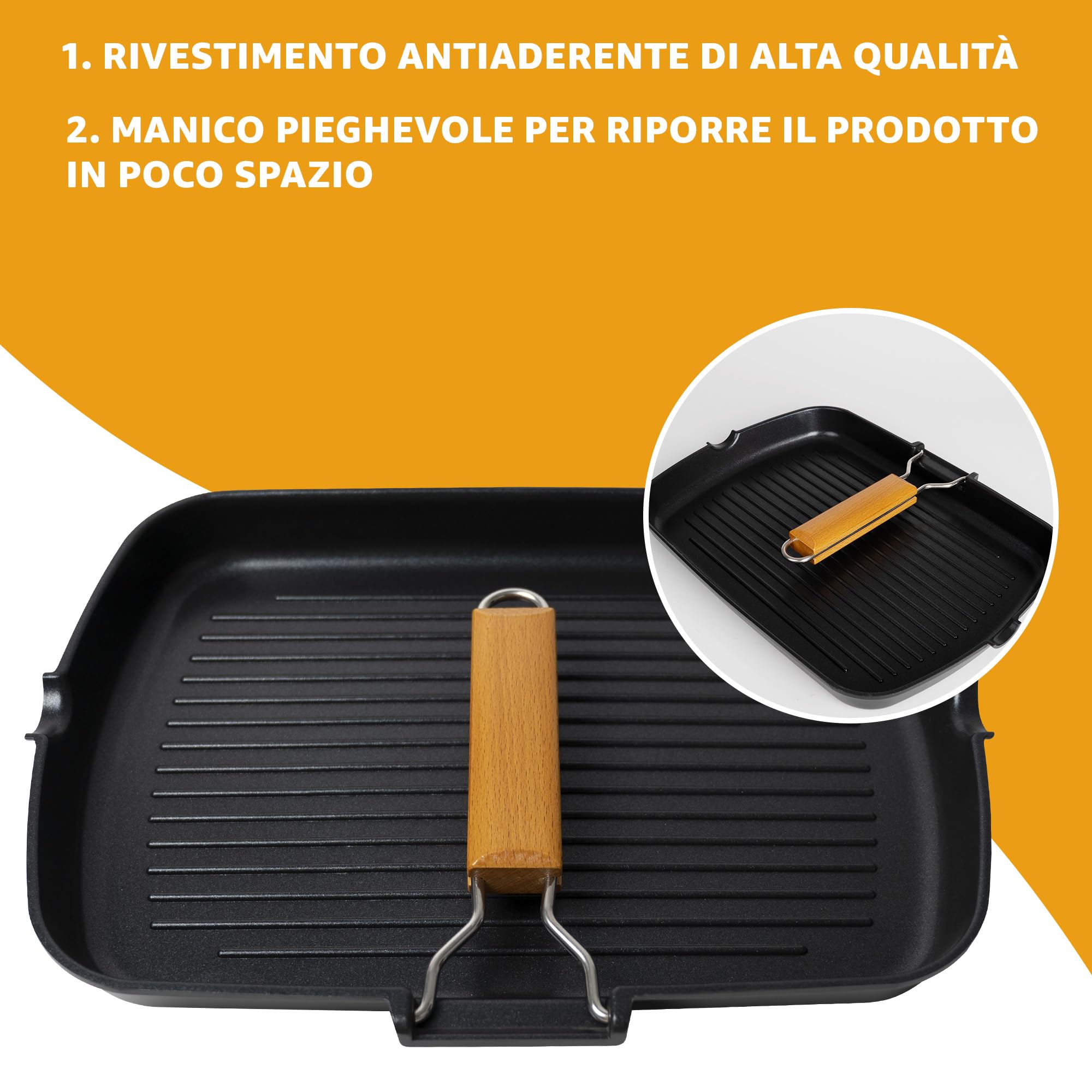Bistecchiera in Lega di Alluminio Antiaderente con Rivestimento Antiaderente 36x25x6 cm con Manico in Legno Pieghevole, Adatta a Gas, Induzione ed Elettrico