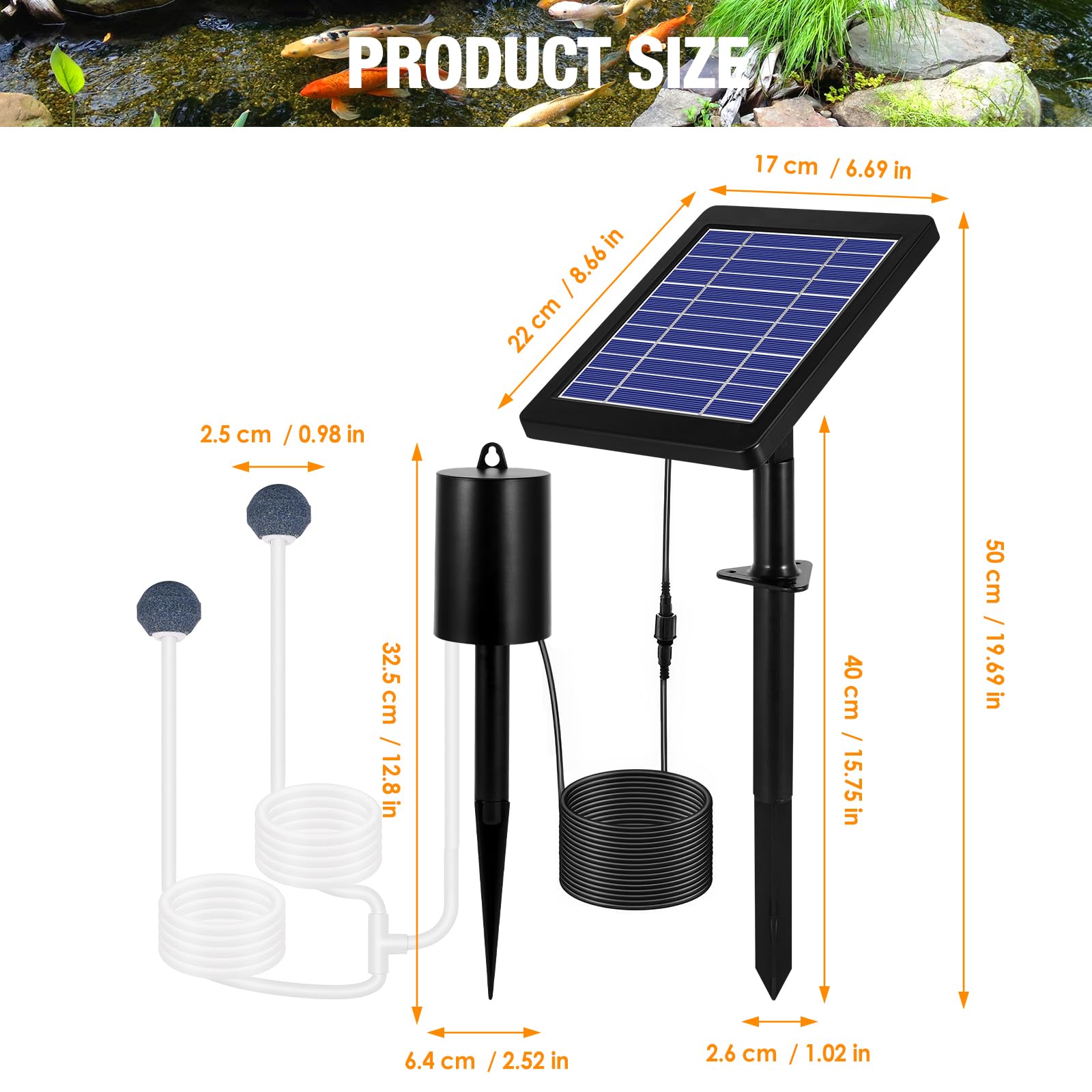 Solar Pond Aerator with 2 Air Bubble Stones, IP64 Waterproof Pond Aerator Air Pump Kit - Image 4