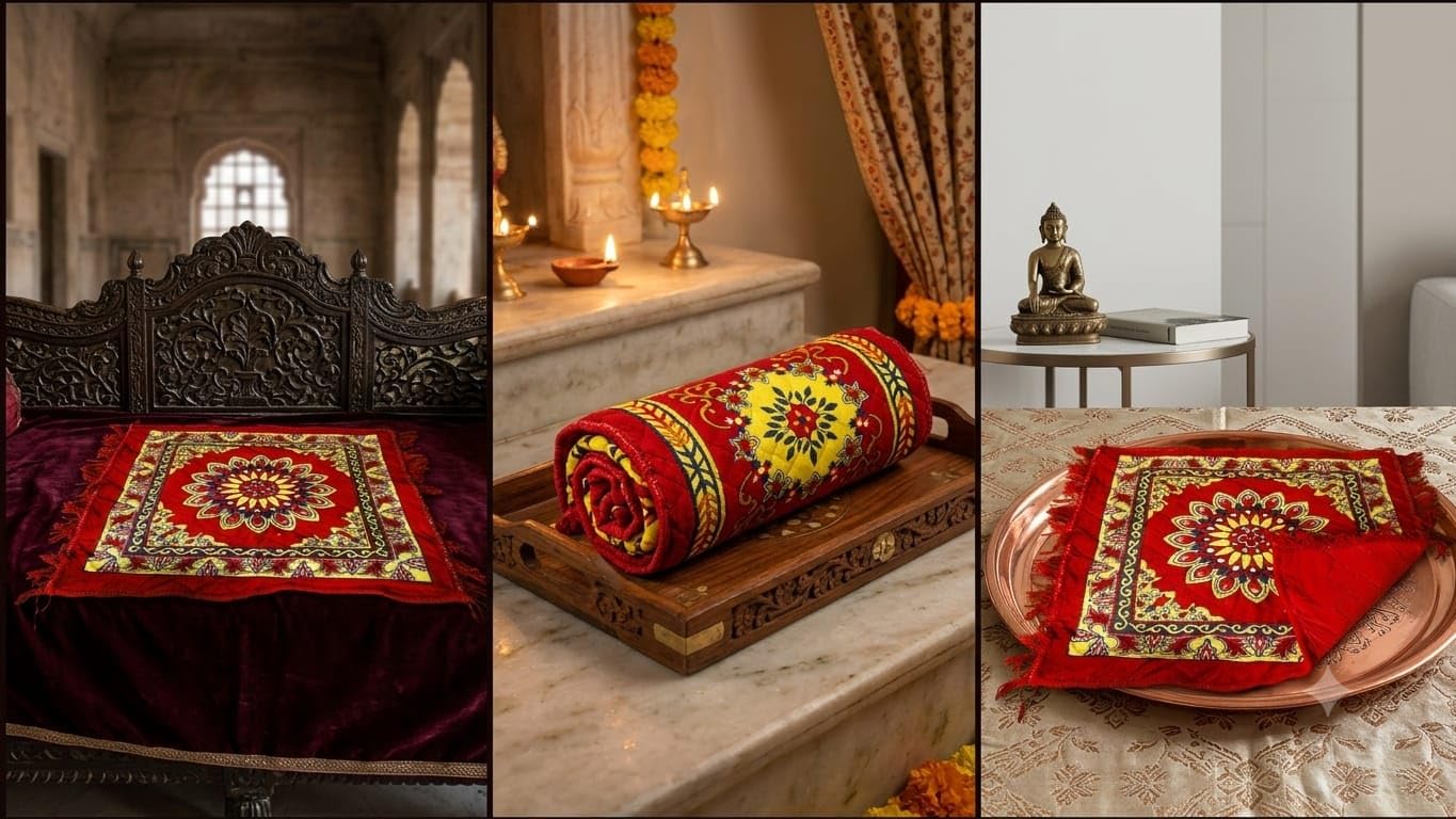 Red Velvet Pooja Aasan Mat with Floral Print and Fringe 18 * 18 Pack of 2 | Traditional Design, Pooja/Meditation Use, Fringed Borders, Rollable & Compact, Red & Yellow Motif-picture-12