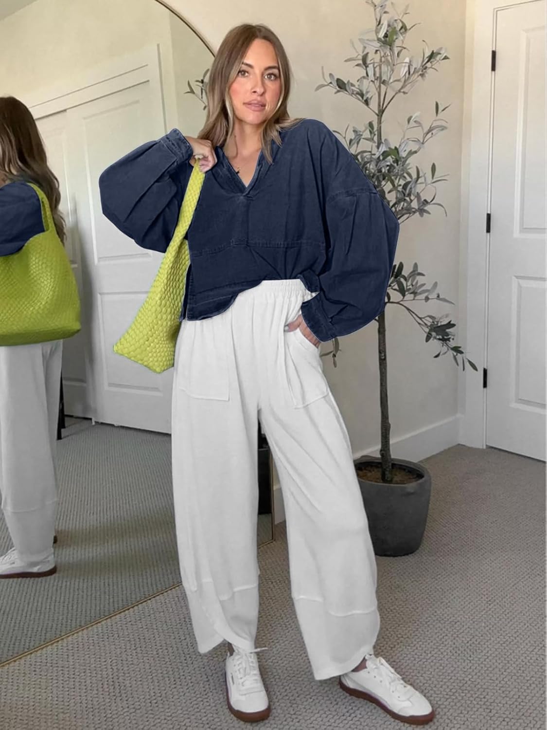 PLNOTME Womens Denim Tops Pullover Trendy Casual V Neck Loose Fit Puff Sleeve Jean Cotton Shirts - Image 5