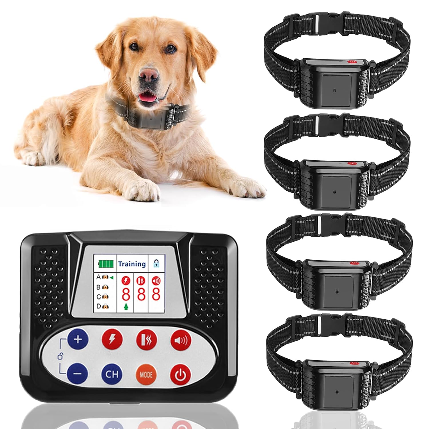 Wireless Dog Fence Remote Training Collar IPX7 Waterproof Receiver with 0-9 Levels Beep Vibration Shock Mode 4 Channels