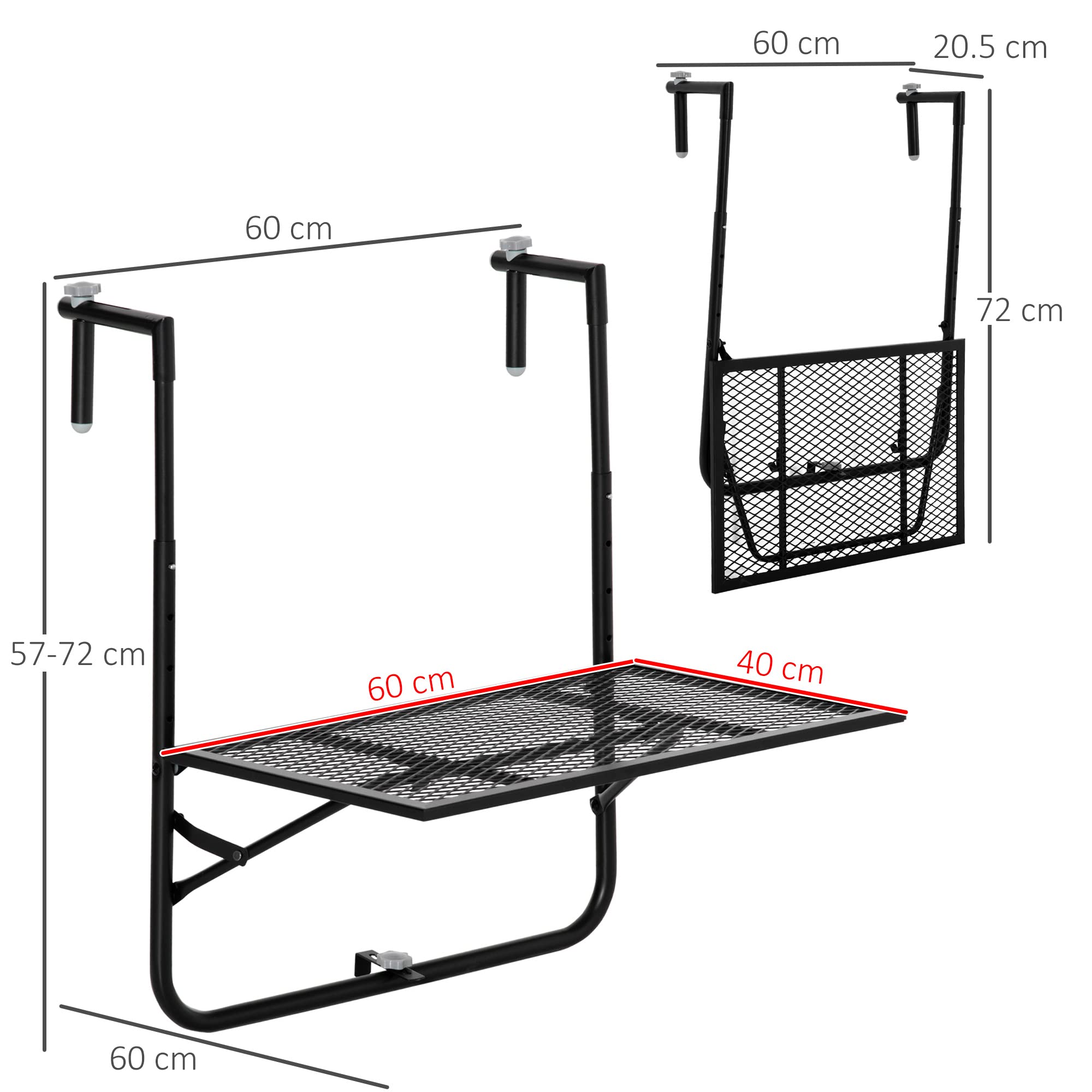 Outsunny Table de Balcon Suspendue Pliable Hauteur réglable 60x60x57-72 cm Noir
