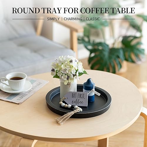 Miniatura 3 de Bandeja de café decorativa redonda negra bandejas de madera Hanobe para centros de mesa de café, comedor, bandeja de servir otomana de madera
