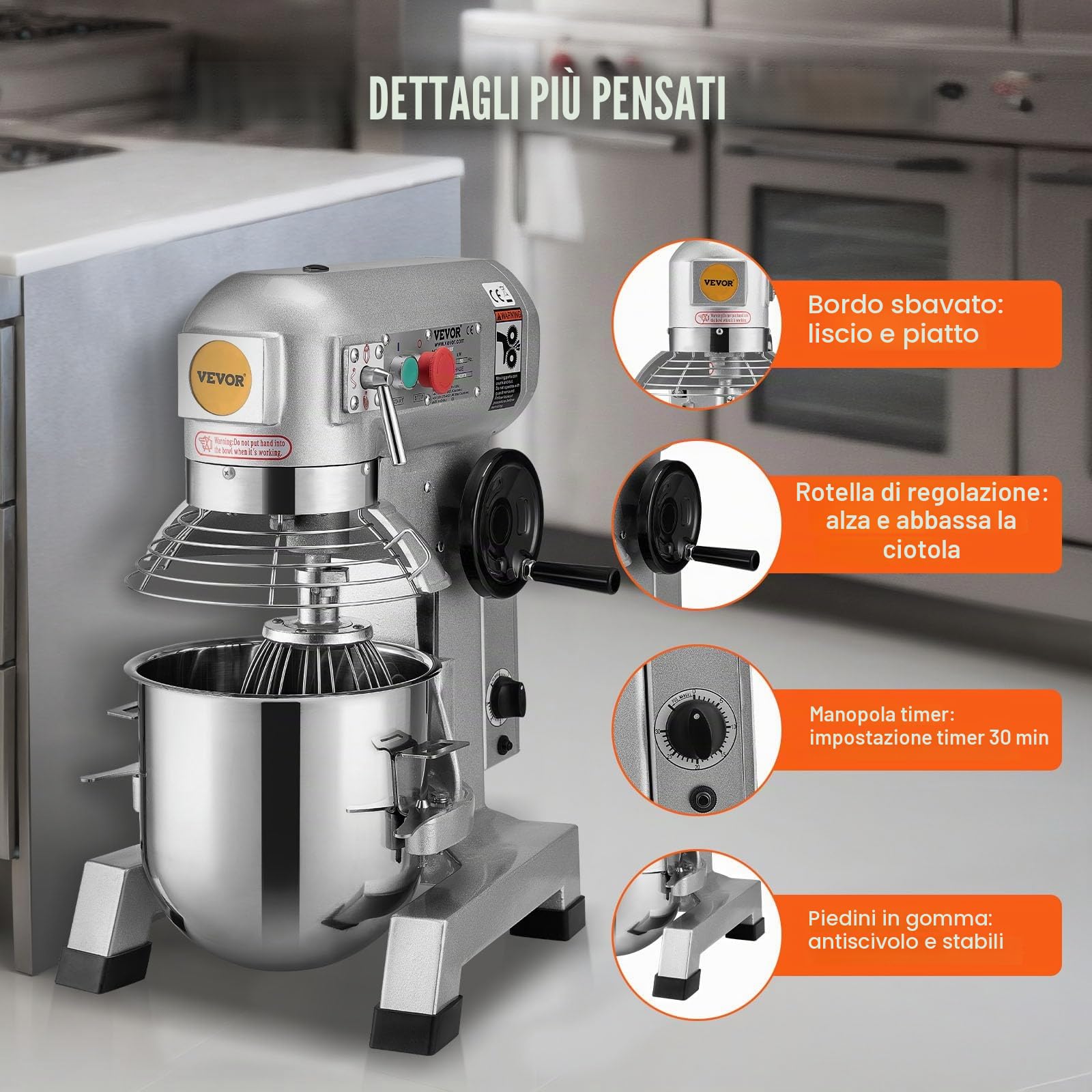VEVOR Impastatrice Planetaria Velocità Regolabile 1500W Ciotola Capienza 33L/30QT, Impastatrice Elettrica da Cucina Commerciale Velocità 3 Modi 108/199/382 giri/min, Impastatrice 3 Ganci di Ricambio