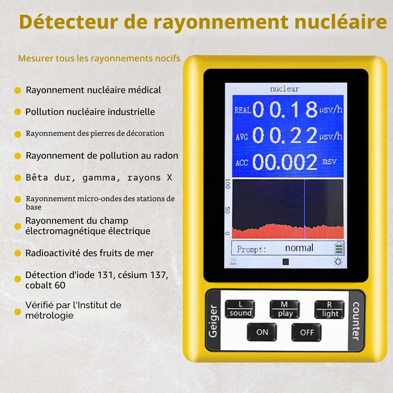 Compteur Geiger, Détecteur de rayonnement nucléaire radioactivité de rayonnement électromagnétique Testeur entièrement fonctionnel pour la maison, le bureau, l'extérieur