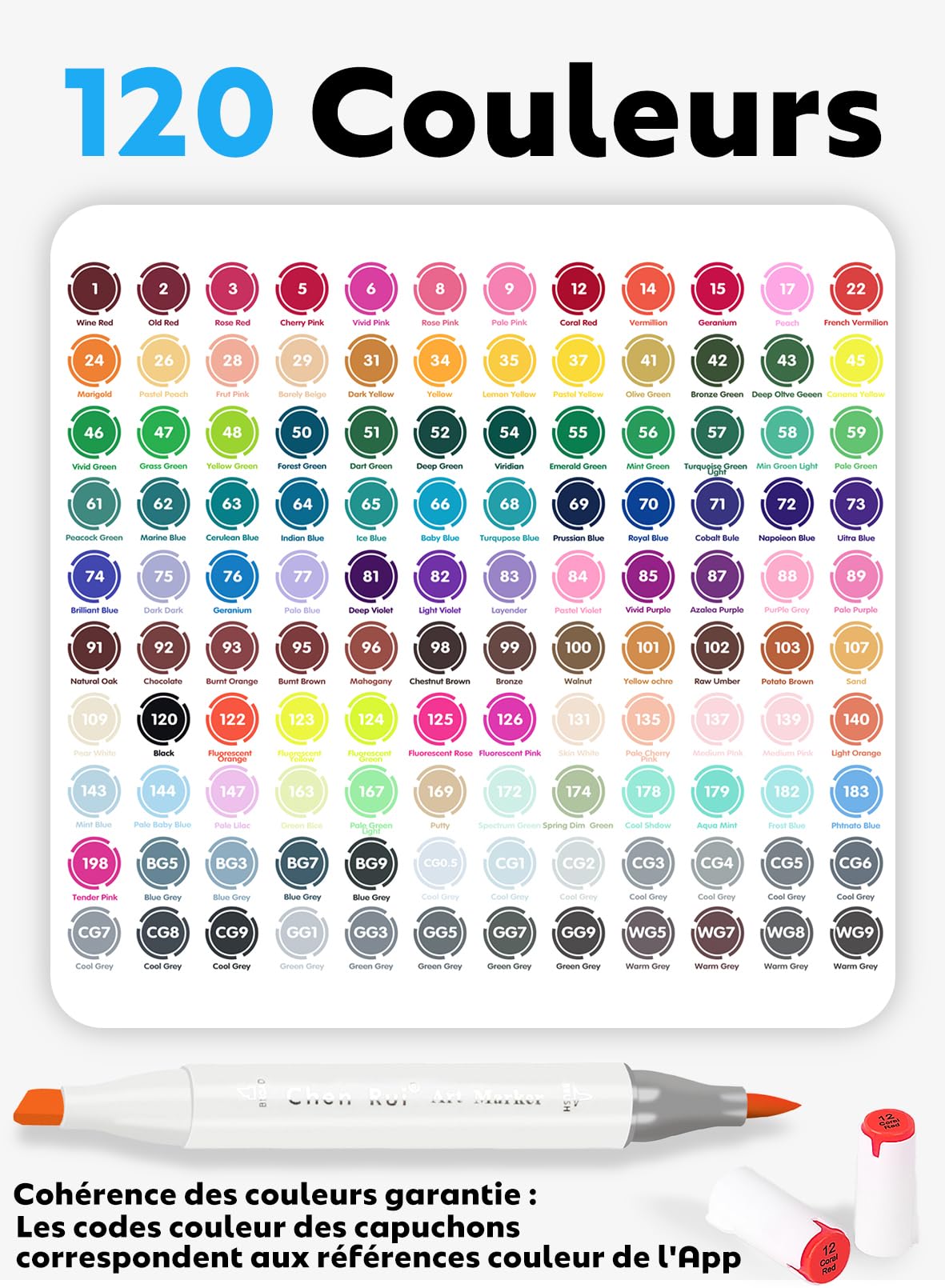 Chen Rui 120 Couleurs Feutres a Alcool avec App, Feutres Coloriage Adulte