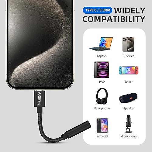 Miniatura 6 de ARKTEK Adaptador USB tipo C a conector de auriculares hembra de 0.138 in, cable USB C a audio auxiliar compatible con iPhone 15Plus15 Pro Max Series