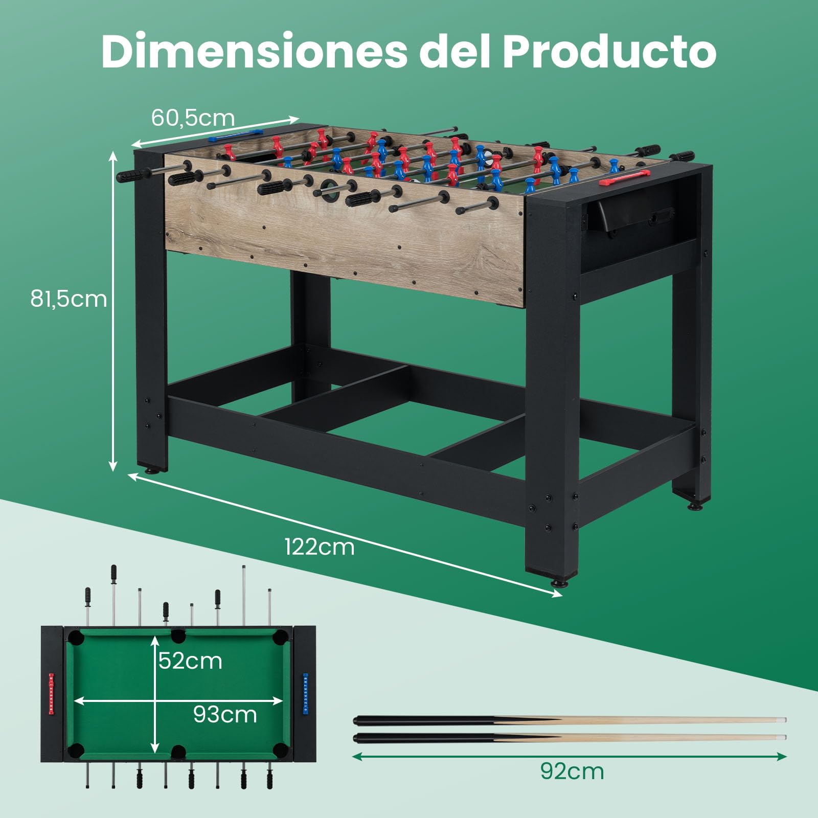 COSTWAY 2 en 1 Mesa Multijuego Giratoria, Mesa de Futbolín y Billar con Patas, 2 Bolas, Tacos, Triángulo, Cepillo y Tizas, Juego de Interior para Adolescentes y Adultos, 122 x 60,5 x 81,5 cm