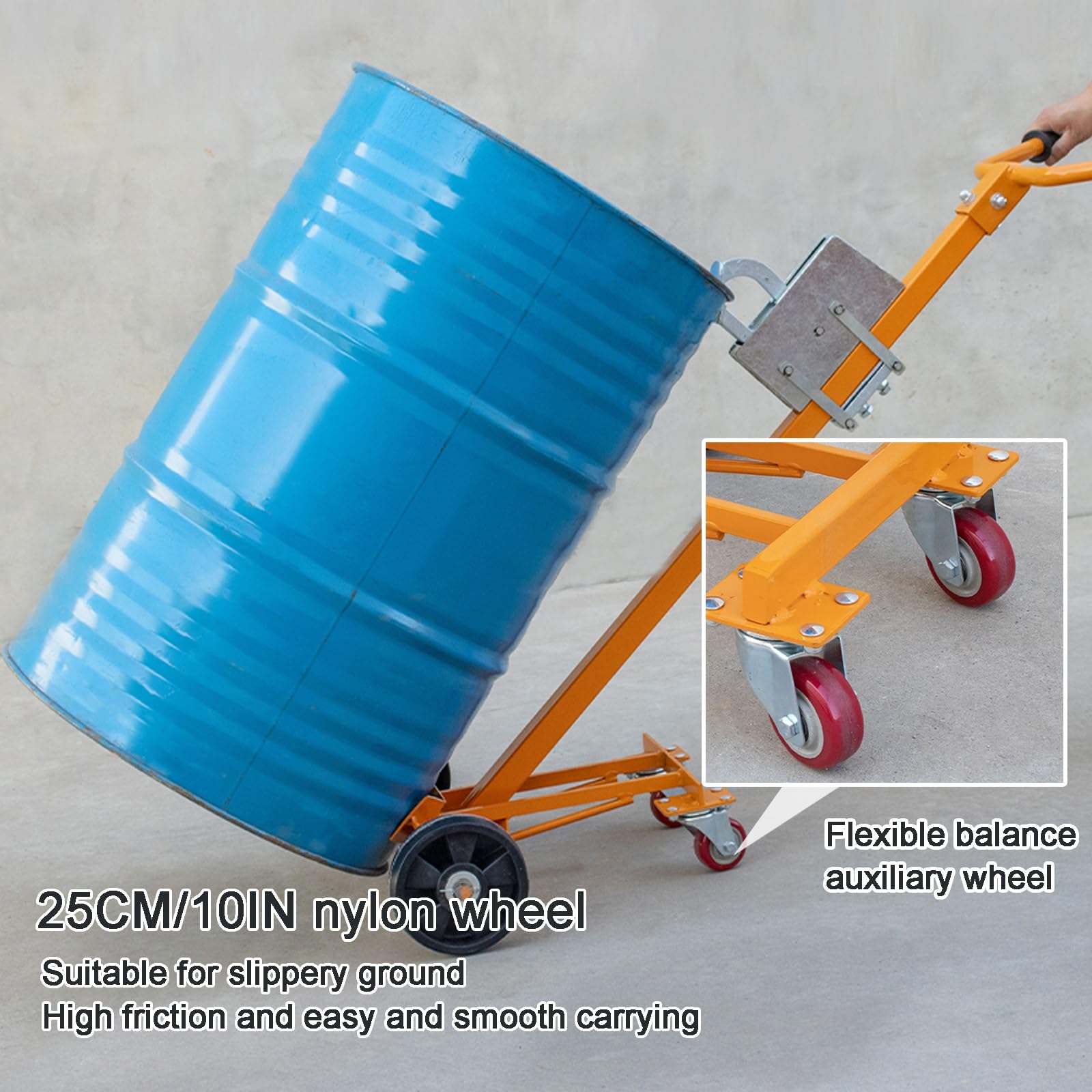 Carrello per Fusti di Petrolio, Carrello in Acciaio Inclinabile, con Ruote in Nylon, con Gancio per Campanello e Barra di Supporto, per Uso Industriale