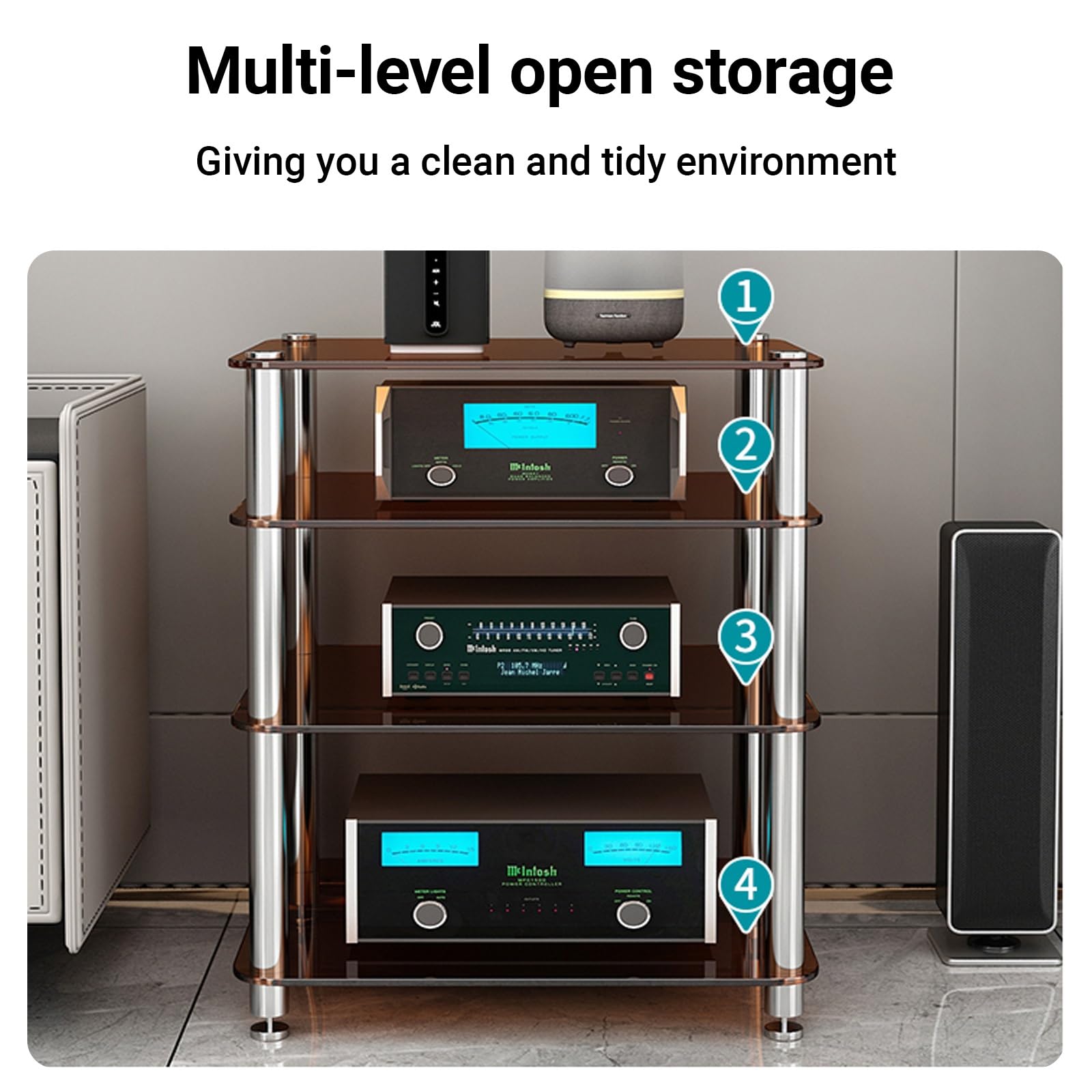 Supporto multimediale AV in vetro temperato a 4 livelli per audio-video stereo console per Home Theater Design moderno trasparente a 4 strati Soluzione di archiviazione durevole ed elegante