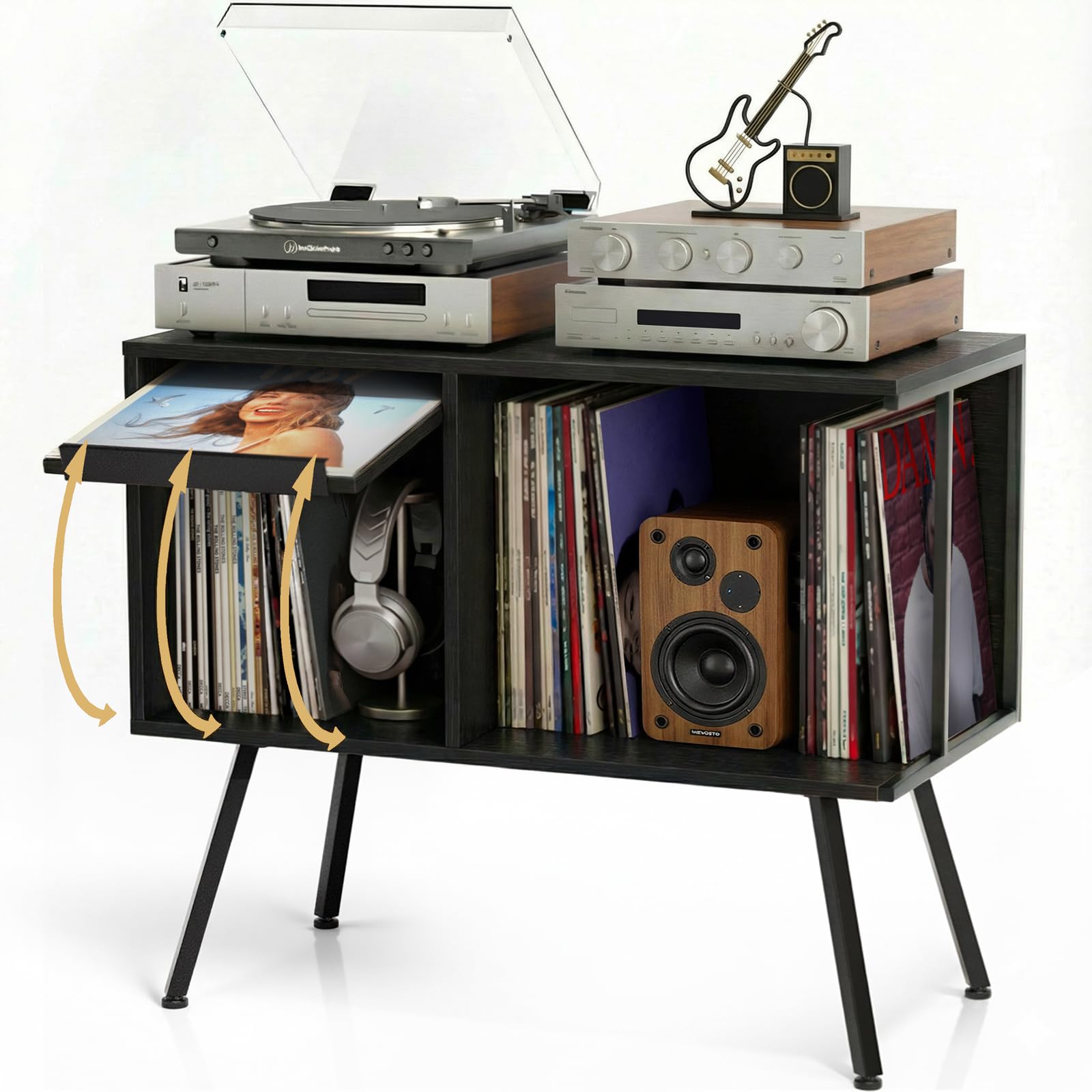 Faesun Flip Top Record Player Stand, Large Turntable Stand Holds up to 150+ Albums, Vintage Mid Century Record Player Table, Stereo Cabinet with Open
