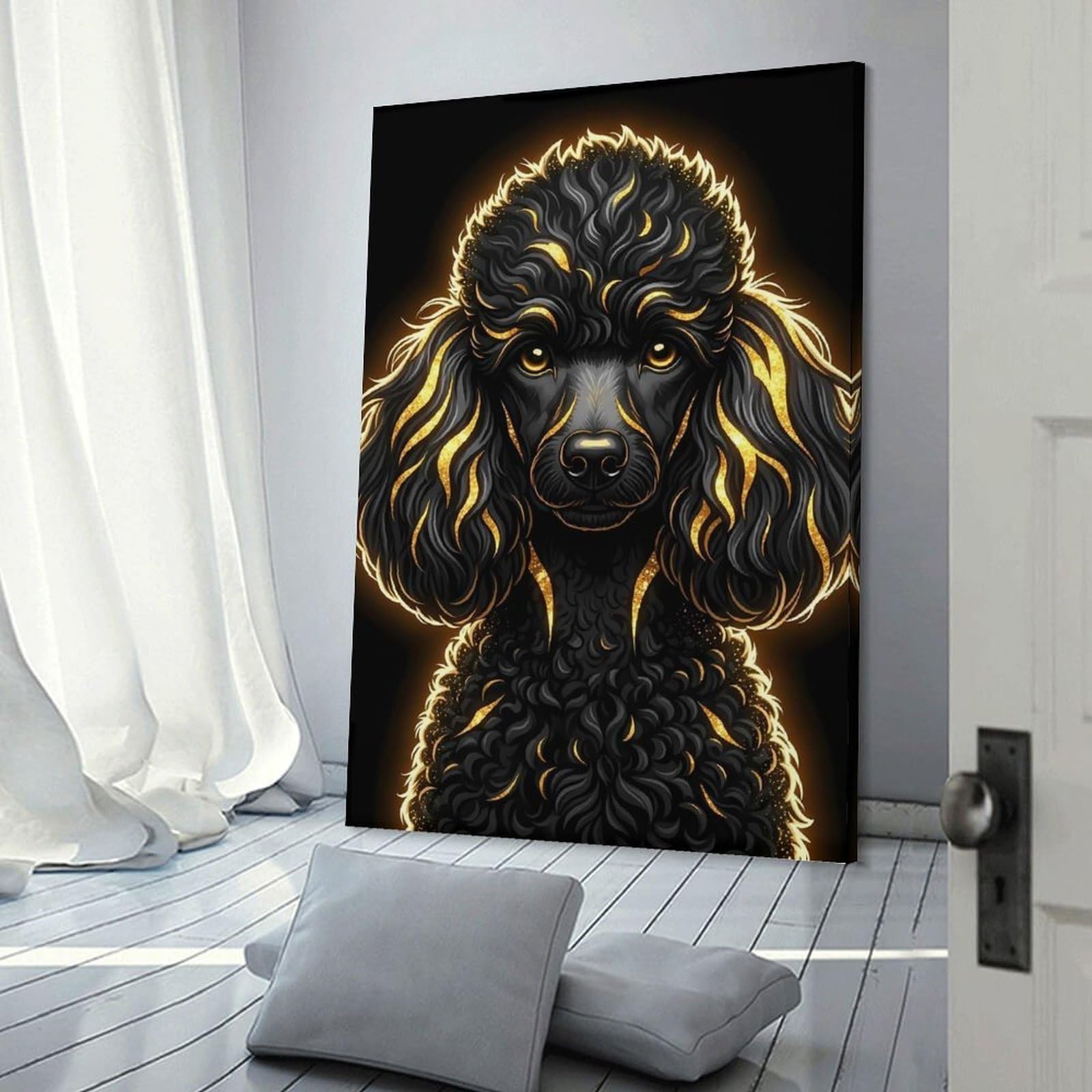 Junmoney Frame-Style-7 Elegant Black Poodle With Golden Accents Room Decor Wall Art 08X12inch(20X30cm), For Bedroom, Guest Room Or Reading Nook, An Easy Wall Refresh For Bedrooms
