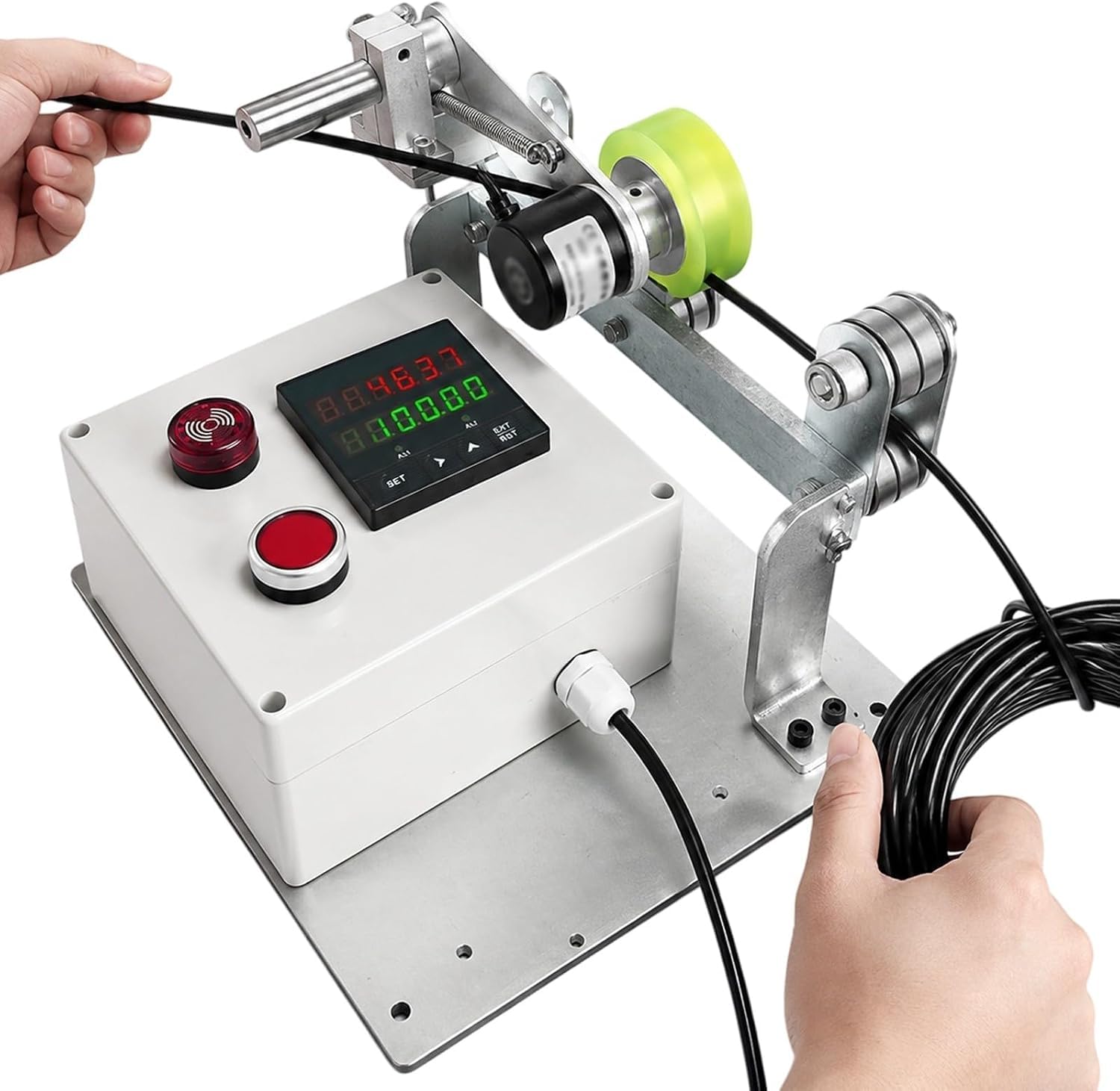 Medidor de longitud digital con rueda de medición y contador de cables.