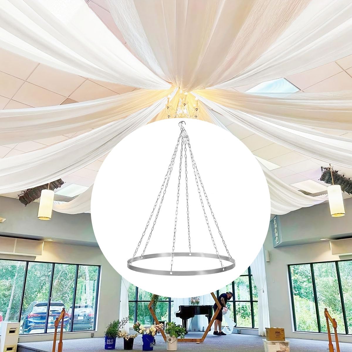FUHSY Ceiling Drapes Hanging Kit Silver Metal Wedding Ceiling Drapes Hoop Chiffon Draping Kit Hanging Ring Canopy Drape for Weddings Ceremony