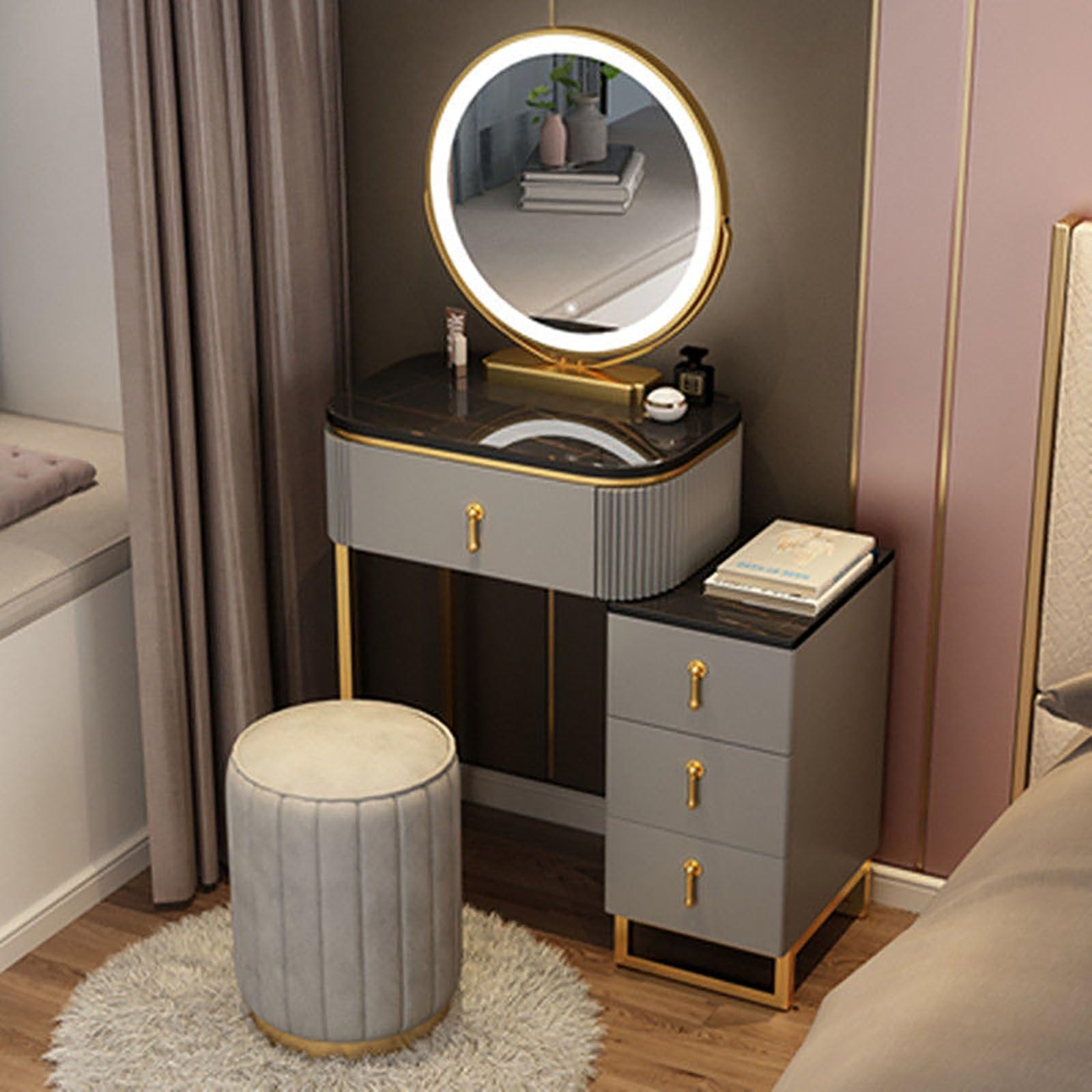 asdchZen White Makeup Vanity Table With Led Lights, Mirror & Drawers-Stylish Bedroom Dresser And Storage Stool For Women & Girls-50Cm Dressing Table,Black Gray-70cm