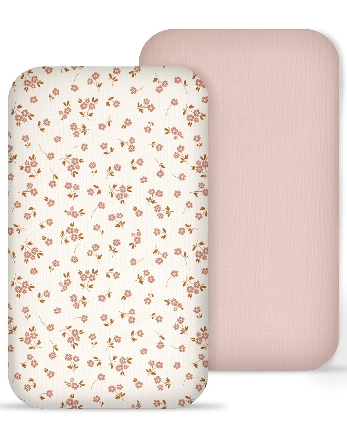 Muslin Bedside Bassinet Sheets 2 Pack, 33" X 20", (Floral &amp; Pink)