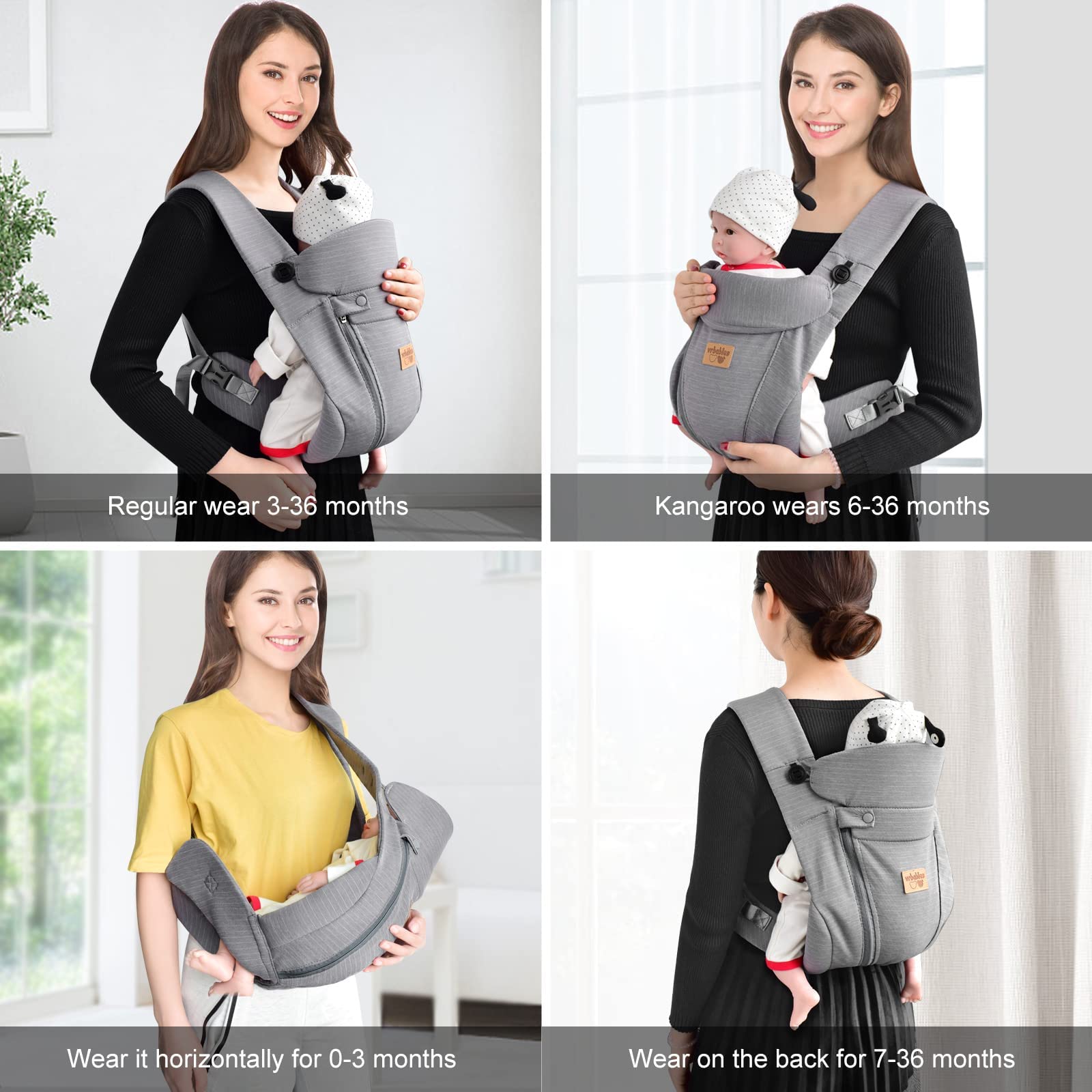 Porte-bébé de nouveau-né, écharpe en soie glacée avec ceinture réglable et maille respirante 3D, face à l'intérieur et à l'extérieur, pour nouveau-nés et bébés âgés de 4 à 15 kg (gris foncé)