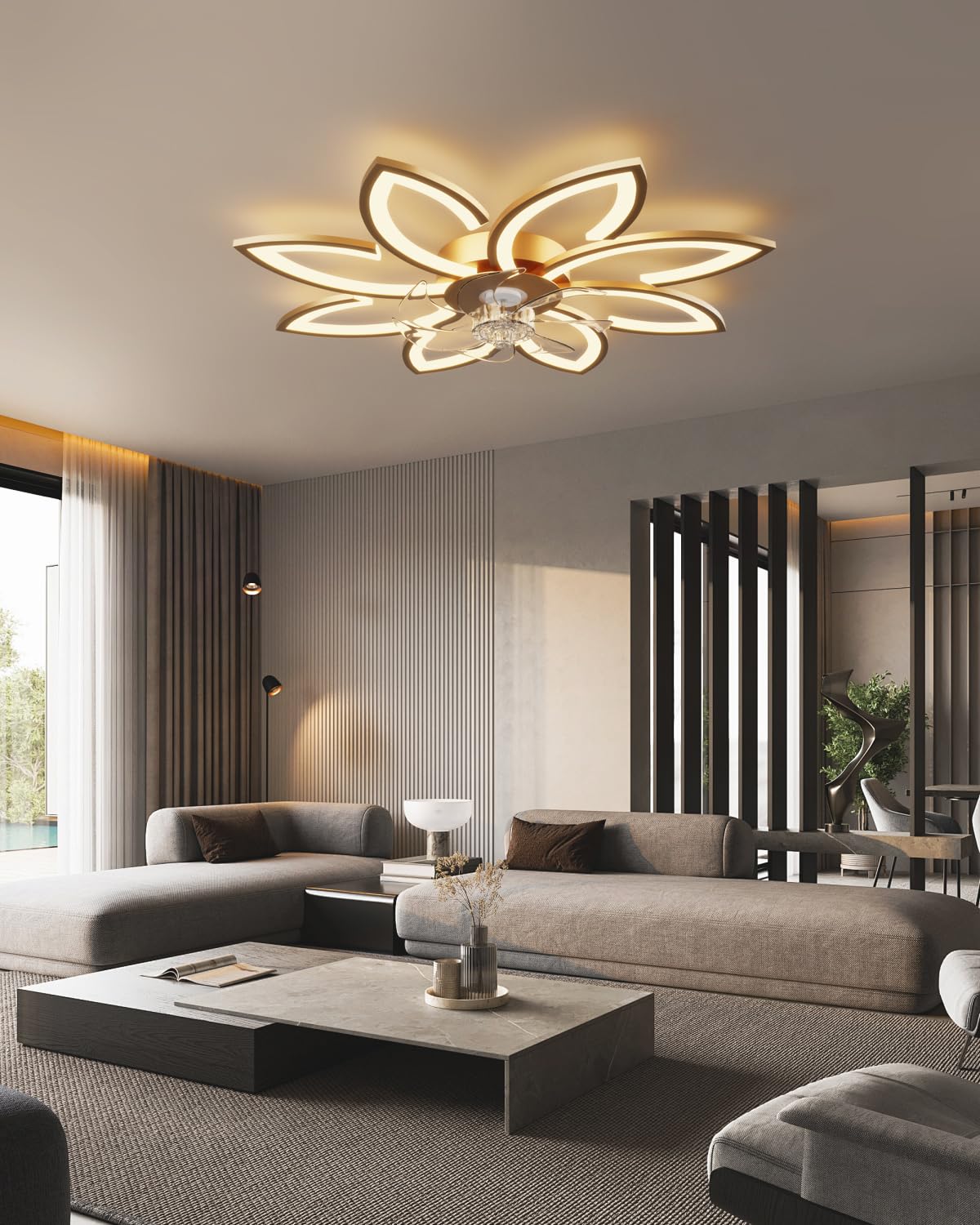 90 cm Lampadario Ventilatore da Soffitto Con Telecomando Led Dimmerabile Pale da Soffitto Design DC Plafoniera Fiore Led Reversibile 6 Velocità Lampadari a Ventola per Camera da Letto Cucina,Oro