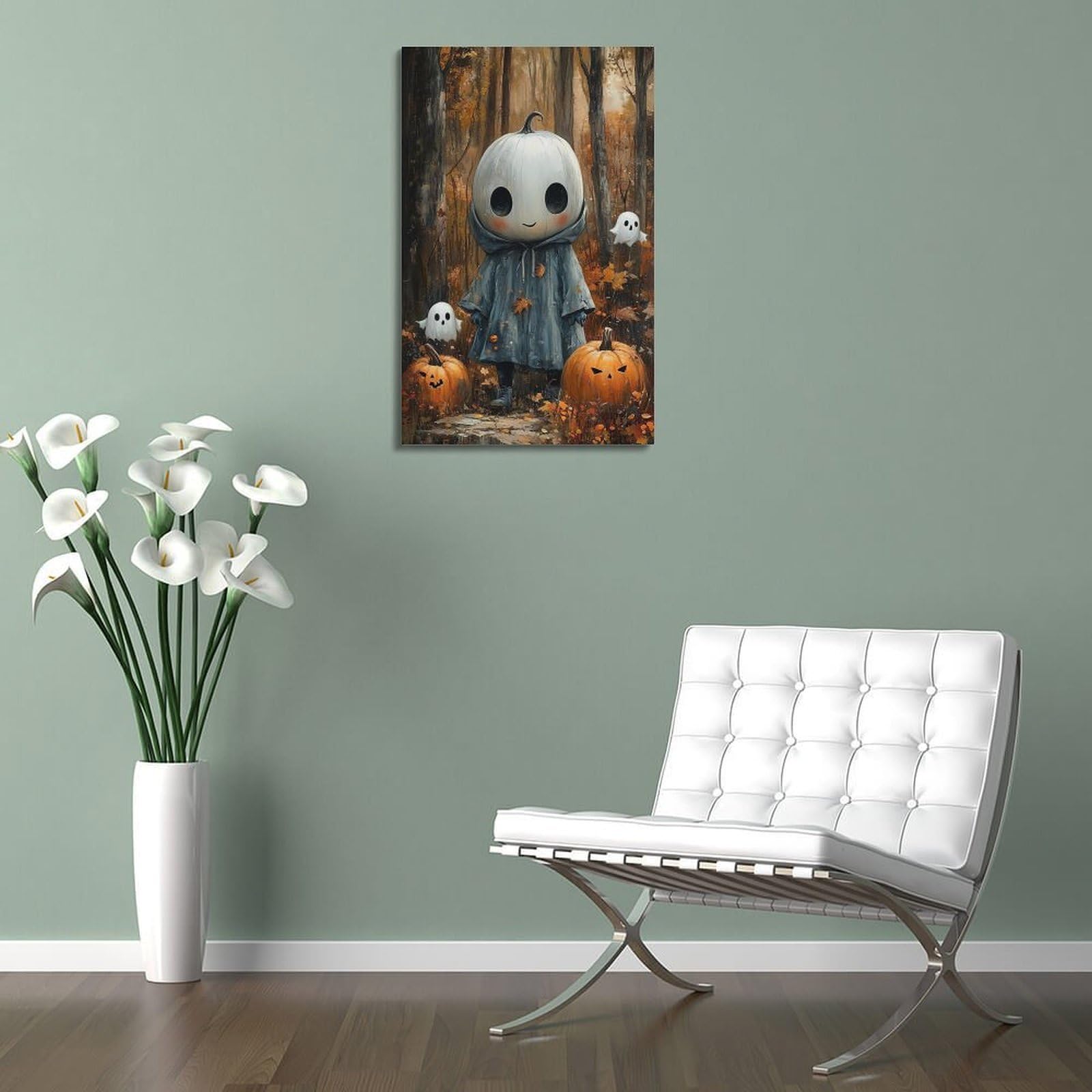 Poster su tela con stampa moderna per la casa, poster di Halloween, zucca, elfo della foresta, immagine carina e ha un senso del festival, decorazioni per Halloween, 50 x 75 cm, con cornice