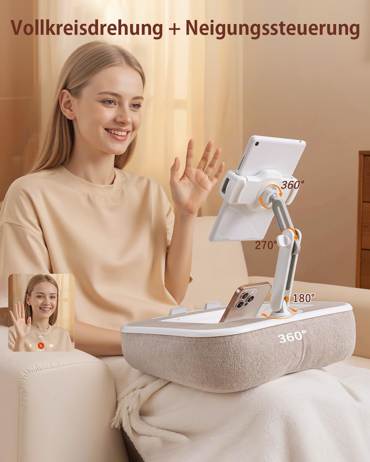 Kindle Tablet Halterung Kissen,360° Verstellbarer iPad Halter mit Snackschale,Laptop Tablet Ständer für Bett Laptopkissen Kompatibel mit 4,7-13" für iPad,iPhone,Kindle Zubehör(Khaki)