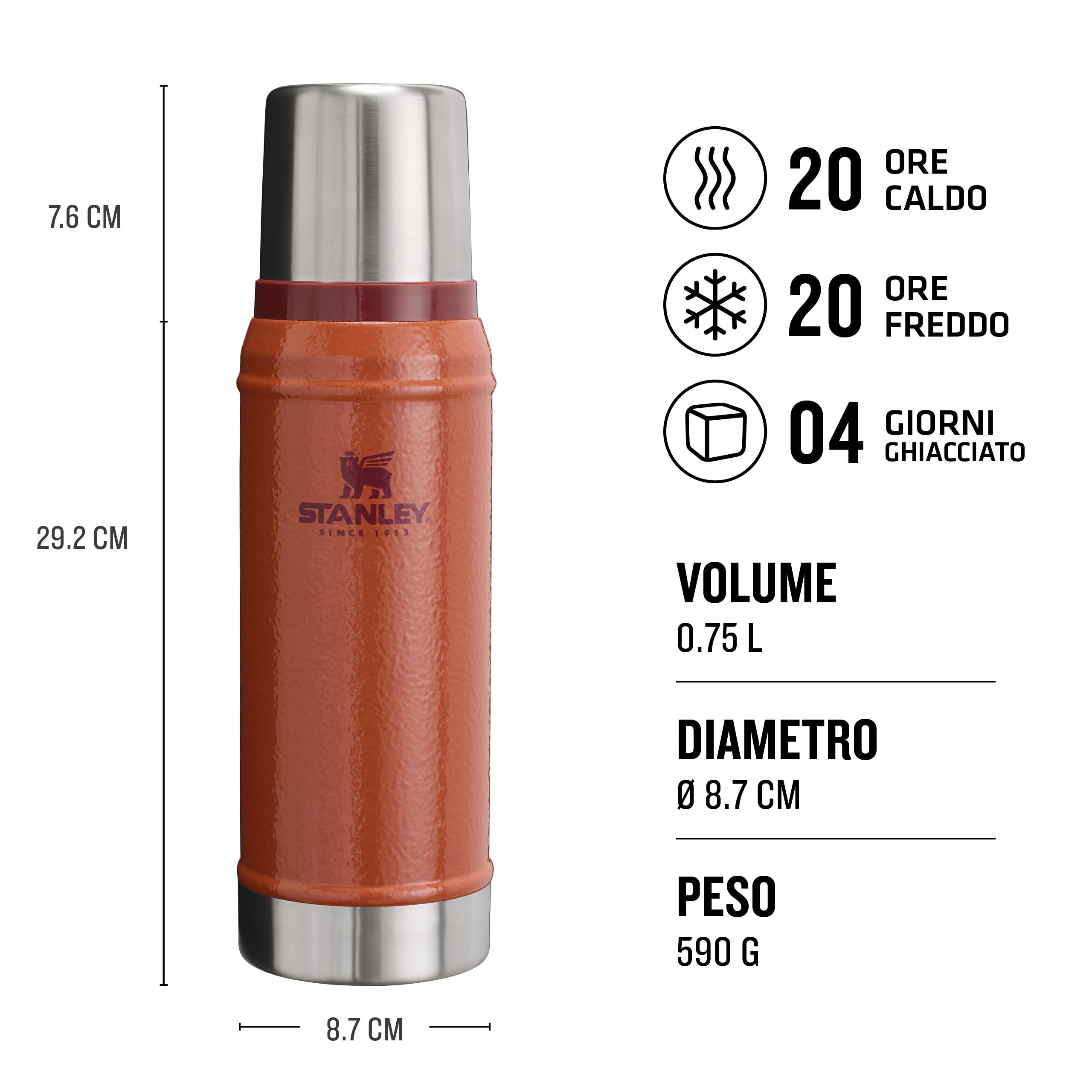 Stanley 1913 Classic Legendary Thermos 0.75L - Hammertone Clay | Mantiene La Temperatura 20 Ore (Caldo/Freddo) - Borraccia Termica 750 ml - Senza BPA - Acciaio Inox - Termos