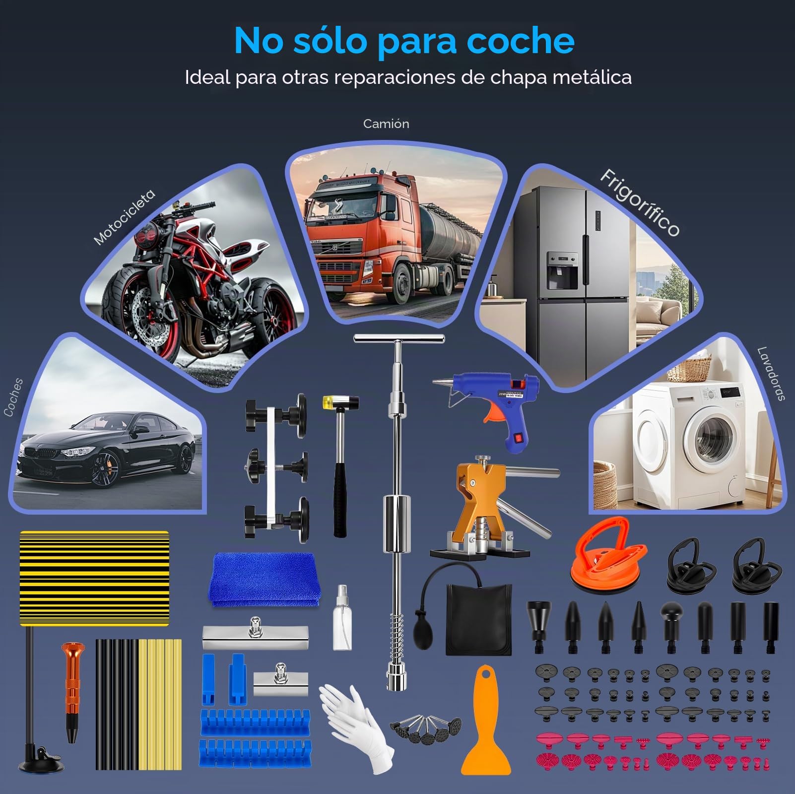 Kit Extractor Abolladuras Coche 120Pcs con Pistola de Pegamento, Extractor, Martillo y Ventosas, Kit de Reparación de Abolladuras sin Pintura para Coches, Motos y Electrodomésticos Metálicos