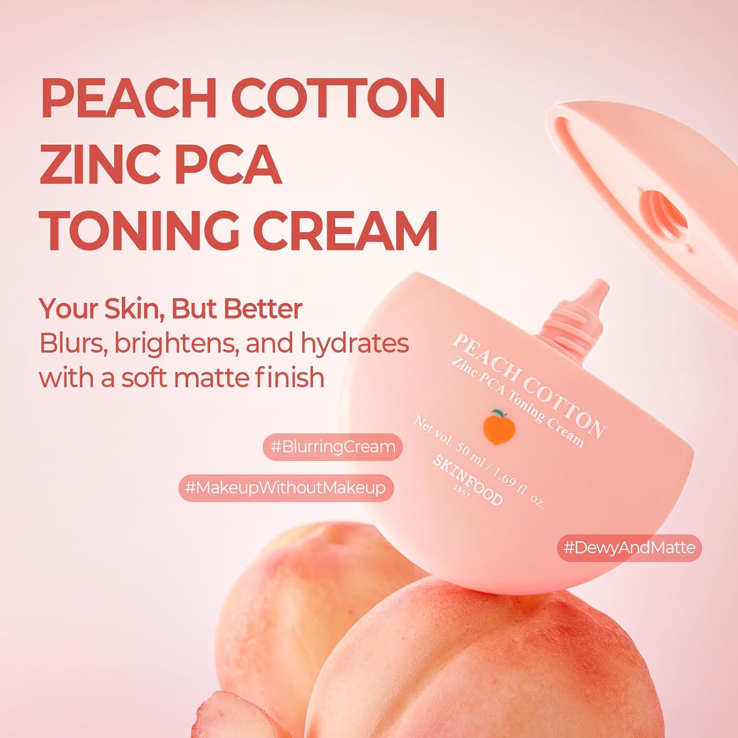 SKINFOOD Peach Cotton Zinc PCA Tone Up Cream, Korean Tinted Moisturizer for Face and Body, Dewy and Matte Skin Tint, Stocking Stuffers, Skin Care Makeup for Color Correcting (1.69 fl. oz.) - Image 2
