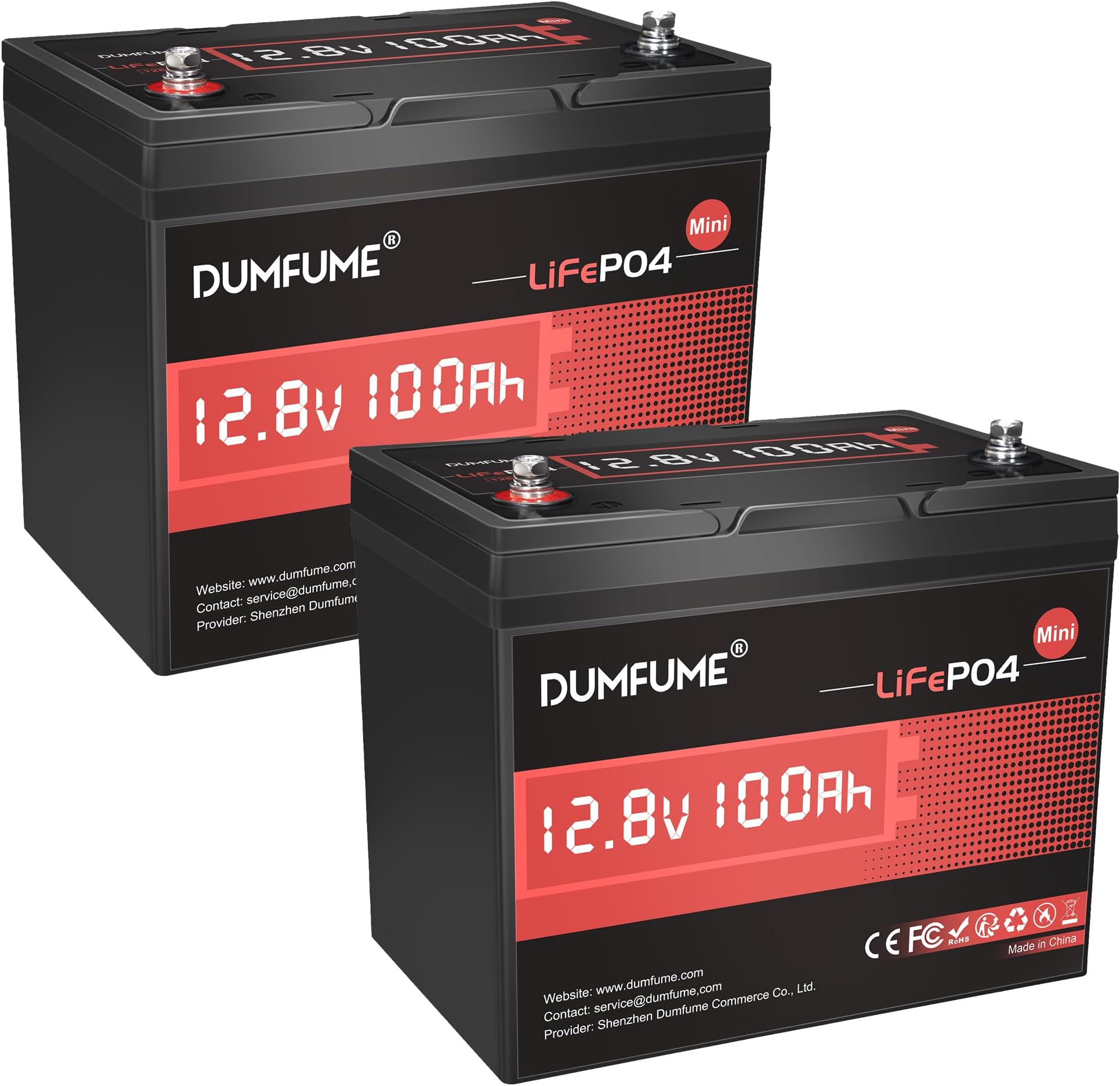Dumfume 2 pack 12V 100Ah Mini LiFePO4 Lithium Battery,100A BMS 1280Wh BCI Group 24 Lithium Iron Phosphate Battery 6000+ Cycles Perfect for RV, Solar, Marine and Home Energy Storage