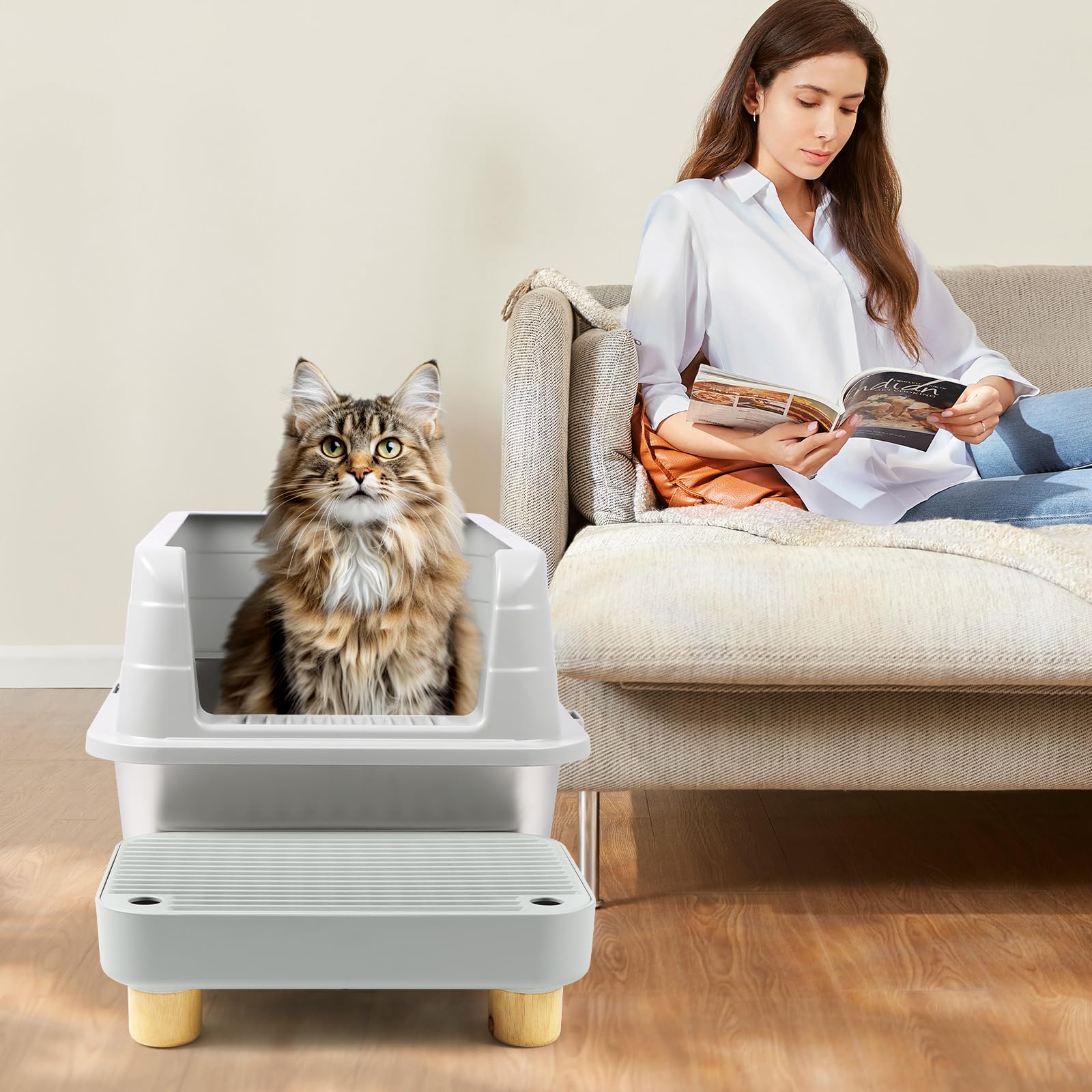 Kalolary Rampe pour Litière pour Chat, Marchepied Pédale Bois avec Fonction Filtre Toilettes Animaux Compagnie Faciles Nettoyer Marchepied Avant Piège Litière pour Chatons Chats Âgés (Gris Clair)