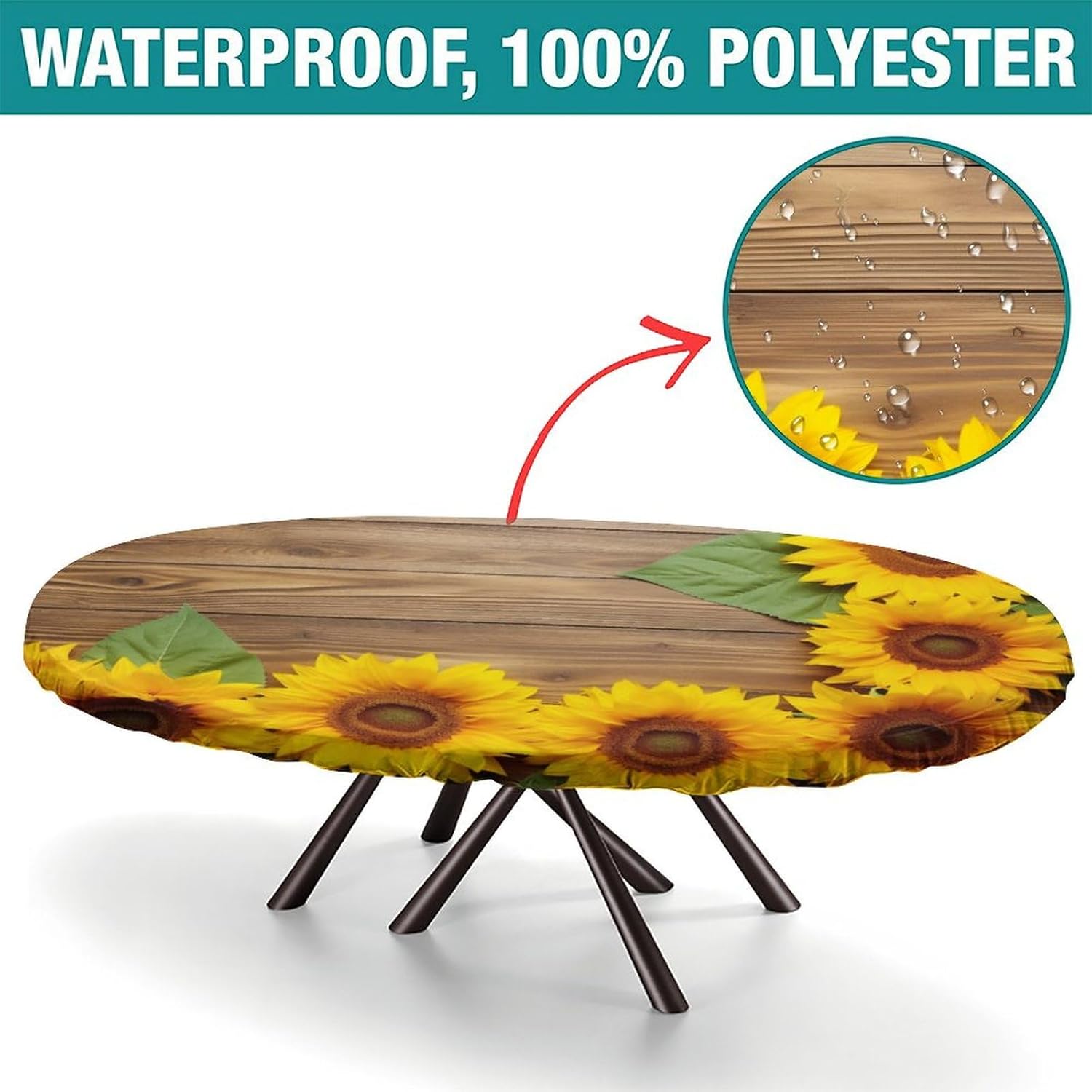 Sunflowers on Wooden Print Oval Tablecloth Fitted Leakproof & Sturdy Washable Tablecloth for Oval Table Tablecloth Oval Table for Dining/Party/Buffet/Wedding Fits for 42 x 60 Oval Table
