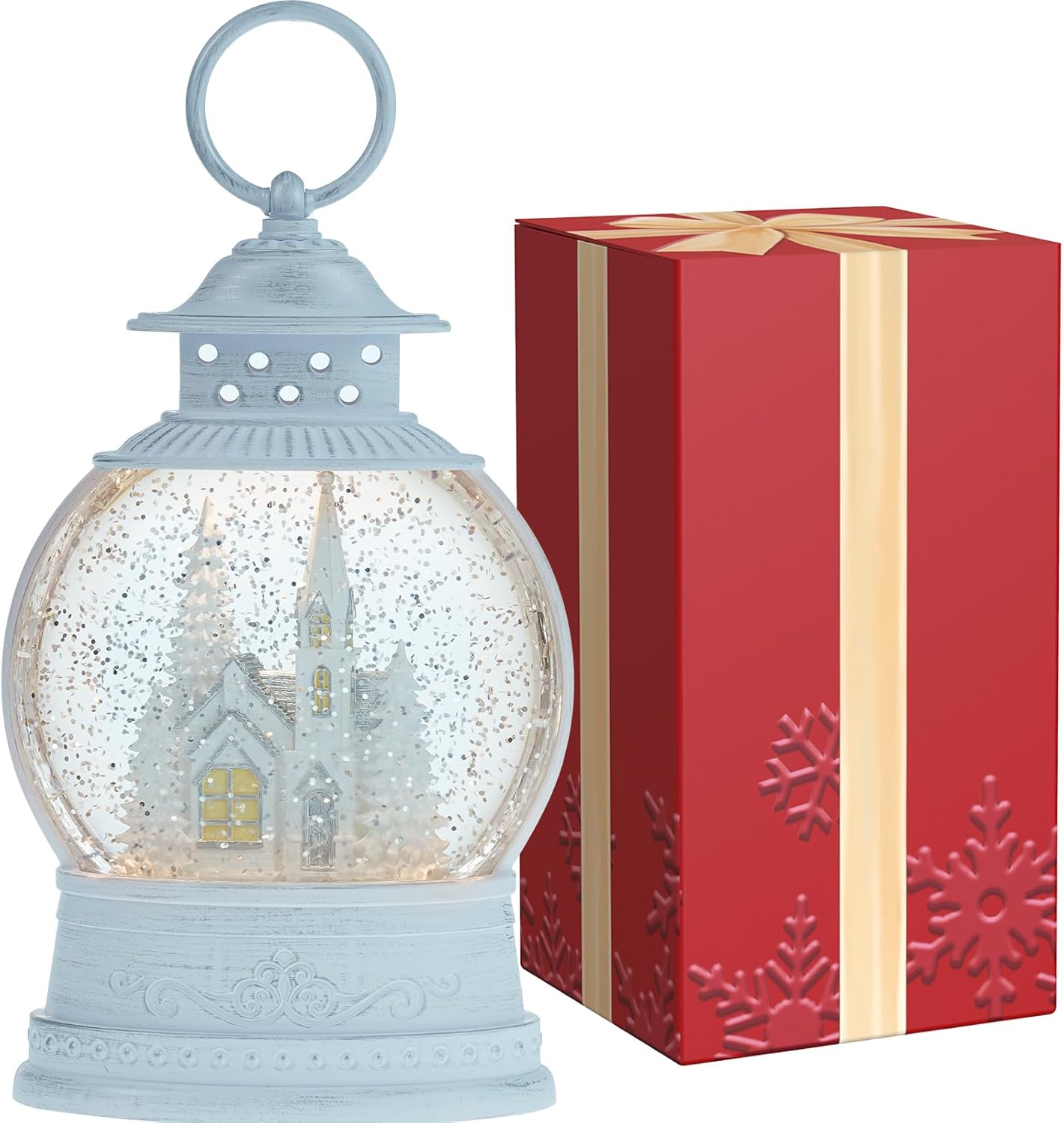 Christmas Church Snow Globe, Musical Snow Globe Lantern with Swirling Glitter, White Christmas Tree Churches, USB & Battery Operated Light-Up Christmas Decorations Indoor for Home