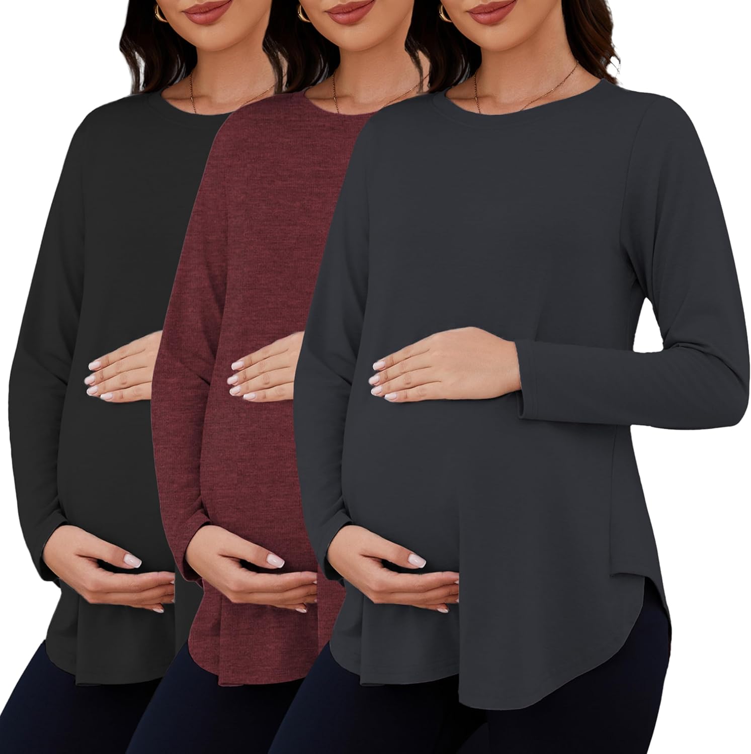 Liu & Qu 3 Packs Womens Maternity Shirts Split Side Long Sleeve Pregnancy Tops Loose Fit Casual Maternity Clothes