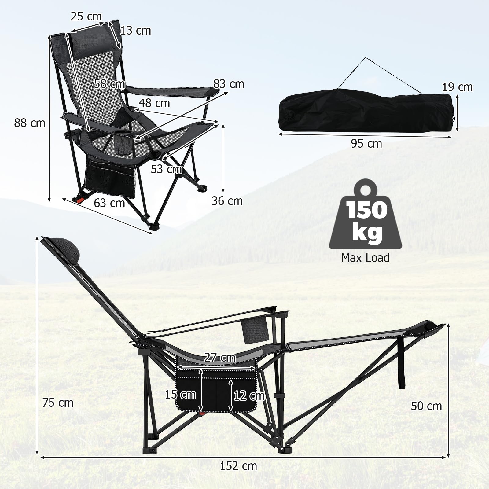 GOPLUS Chaise Longue de Camping avec Repose-Pieds Détachable, Chaise Plage Pliante avec Dossier 4 Positions, Ultra Leger, Coussin Amovible, Porte-gobelet, Pochette Rangement, Charge 150 kg (Gris)